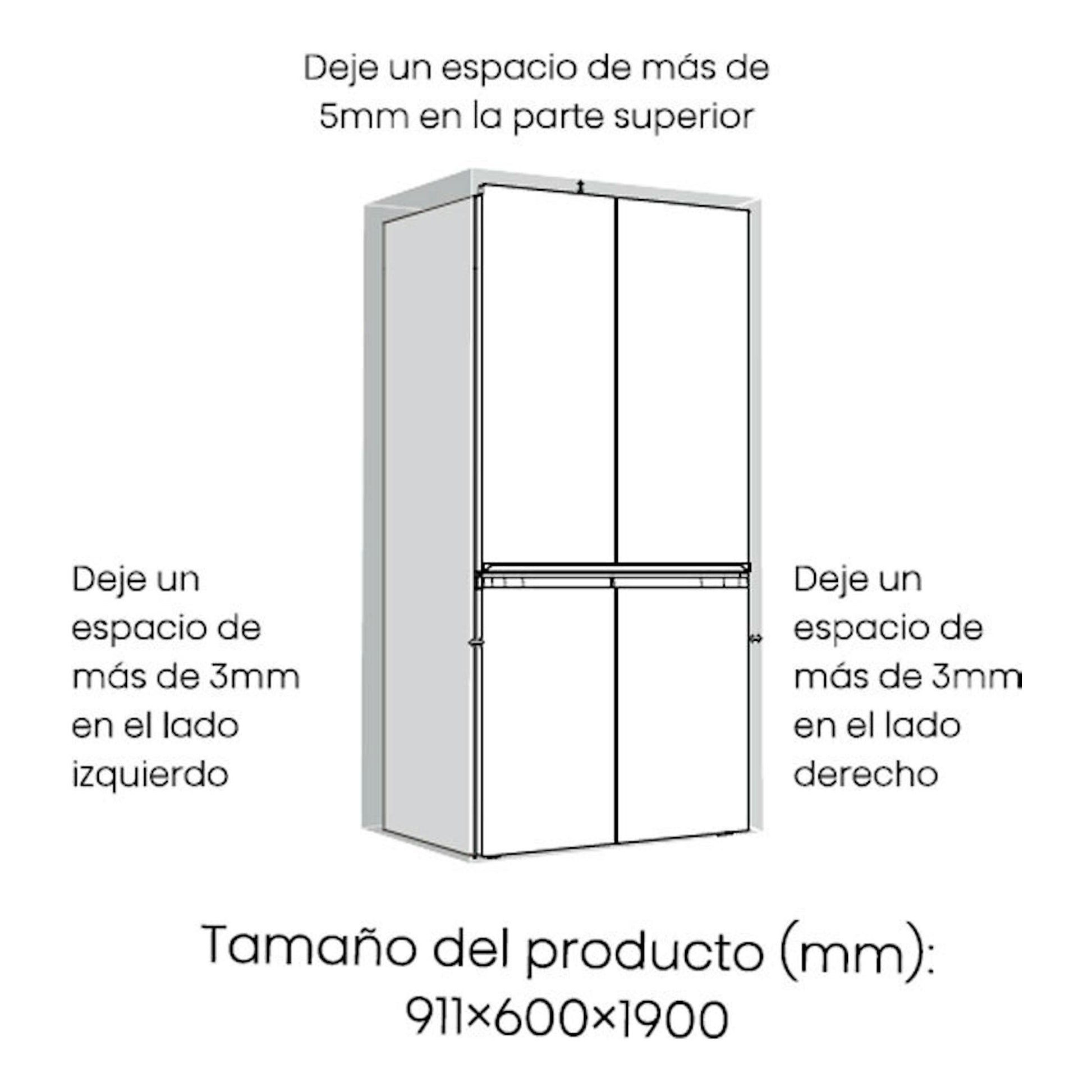 Esquema del frigorífico americano Hisense RQ5P605NSVE en inox, vista frontal, con holguras laterales.