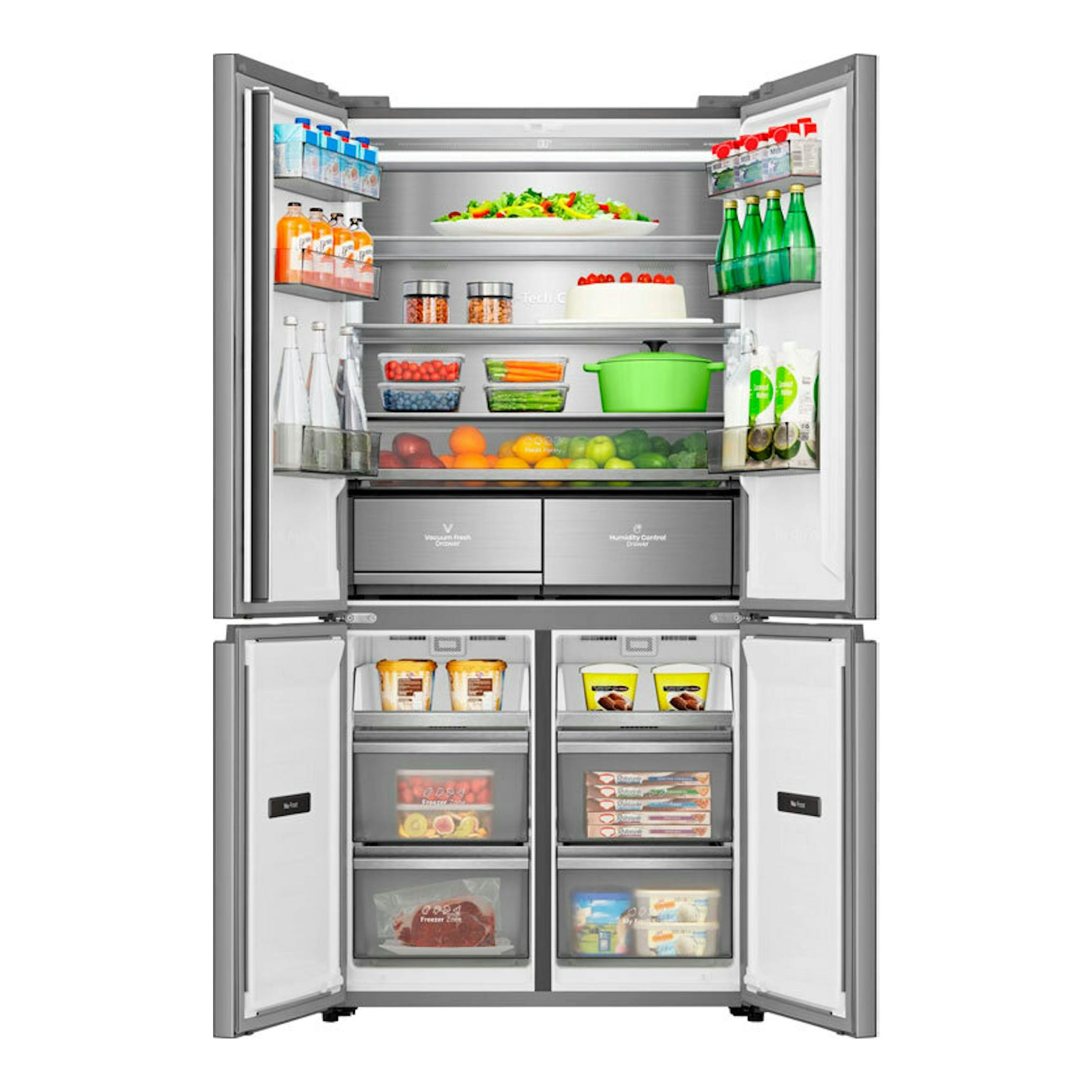 Frigorífico americano Hisense RQ5P605NSVE inox, vista frontal con cuatro puertas abiertas y compartimentos interiores.