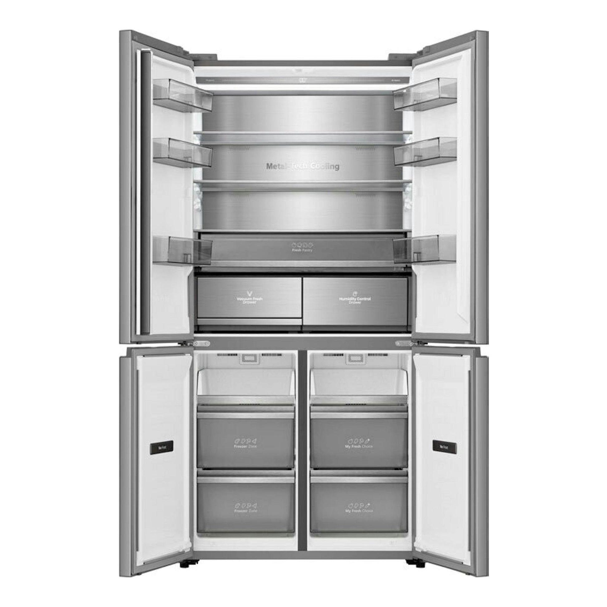 Frigorífico americano Hisense RQ5P605NSVE inox, vista frontal con puertas abiertas e interior visible.