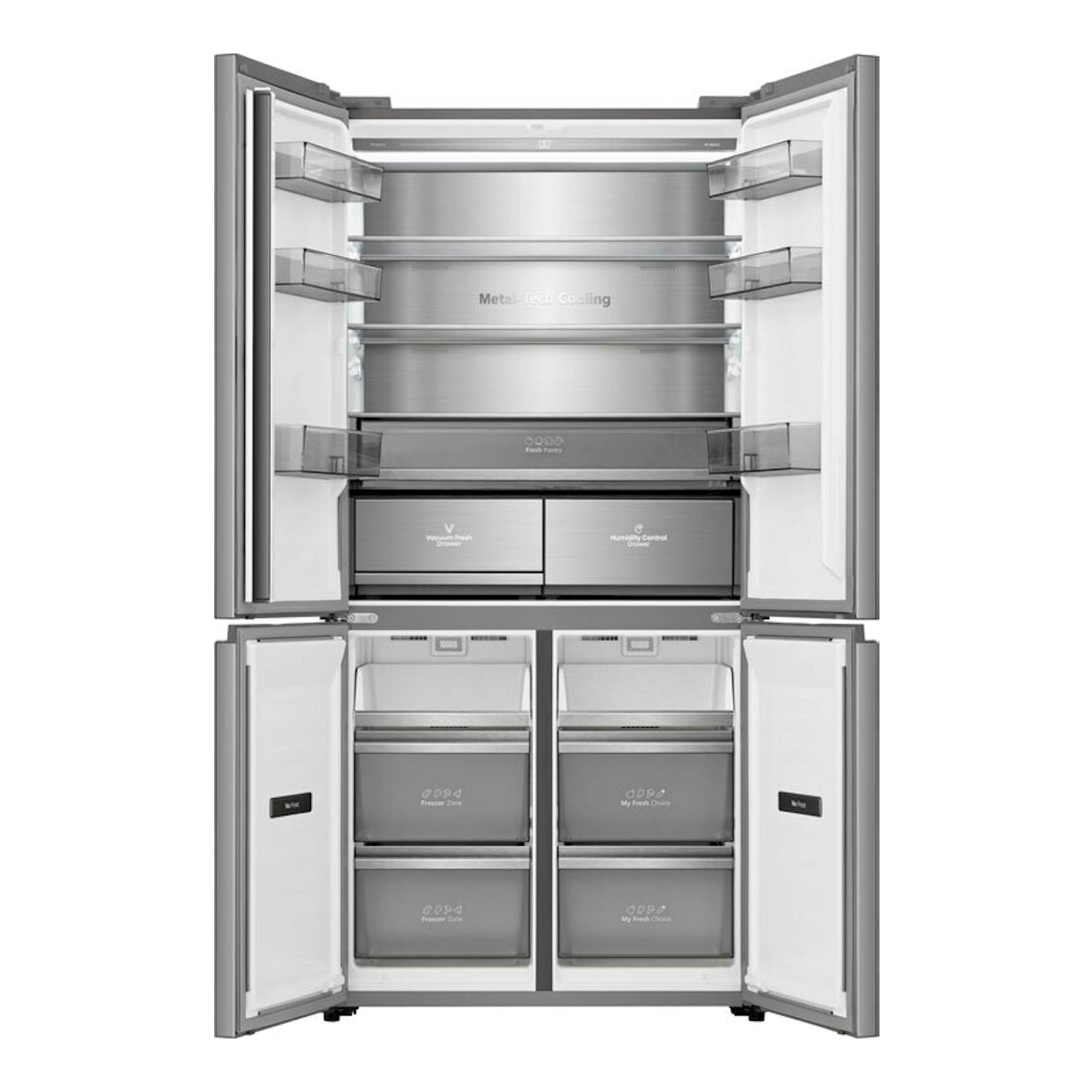 Frigorífico americano Hisense RQ5P605NSVE inox, vista frontal con puertas abiertas e interior visible.