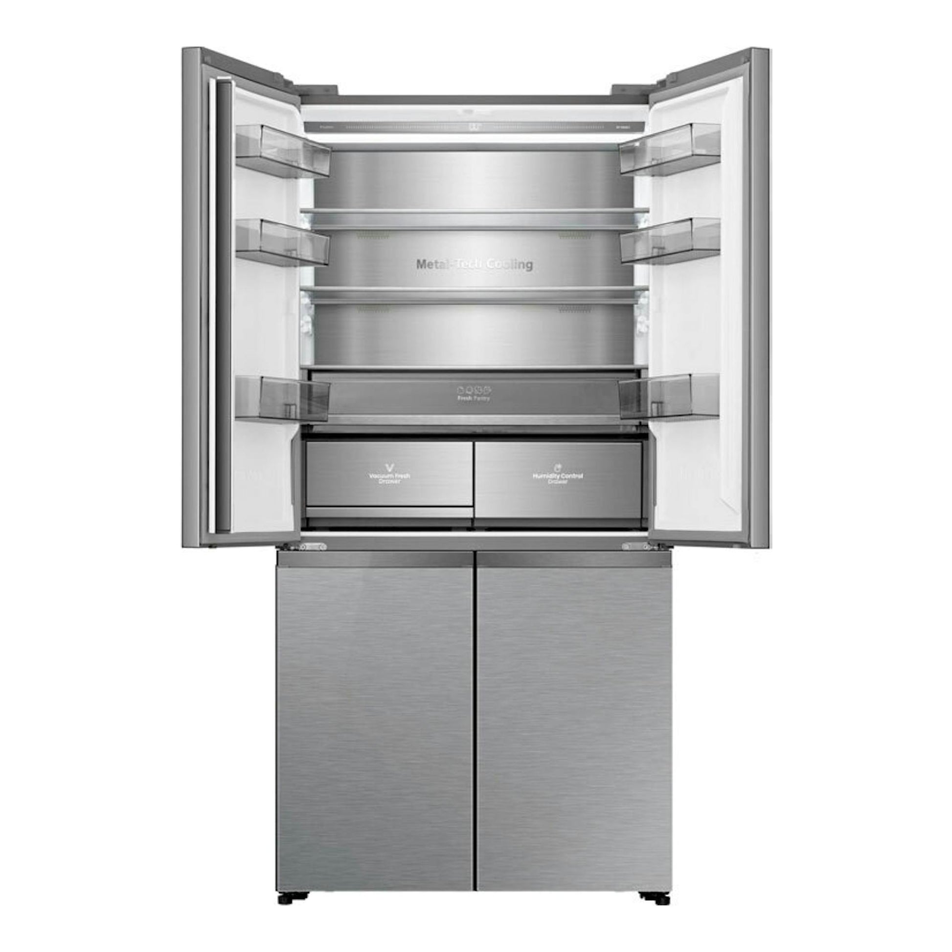 Frigorífico americano Hisense RQ5P605NSVE inox, vista frontal con puertas abiertas y cajones interiores.