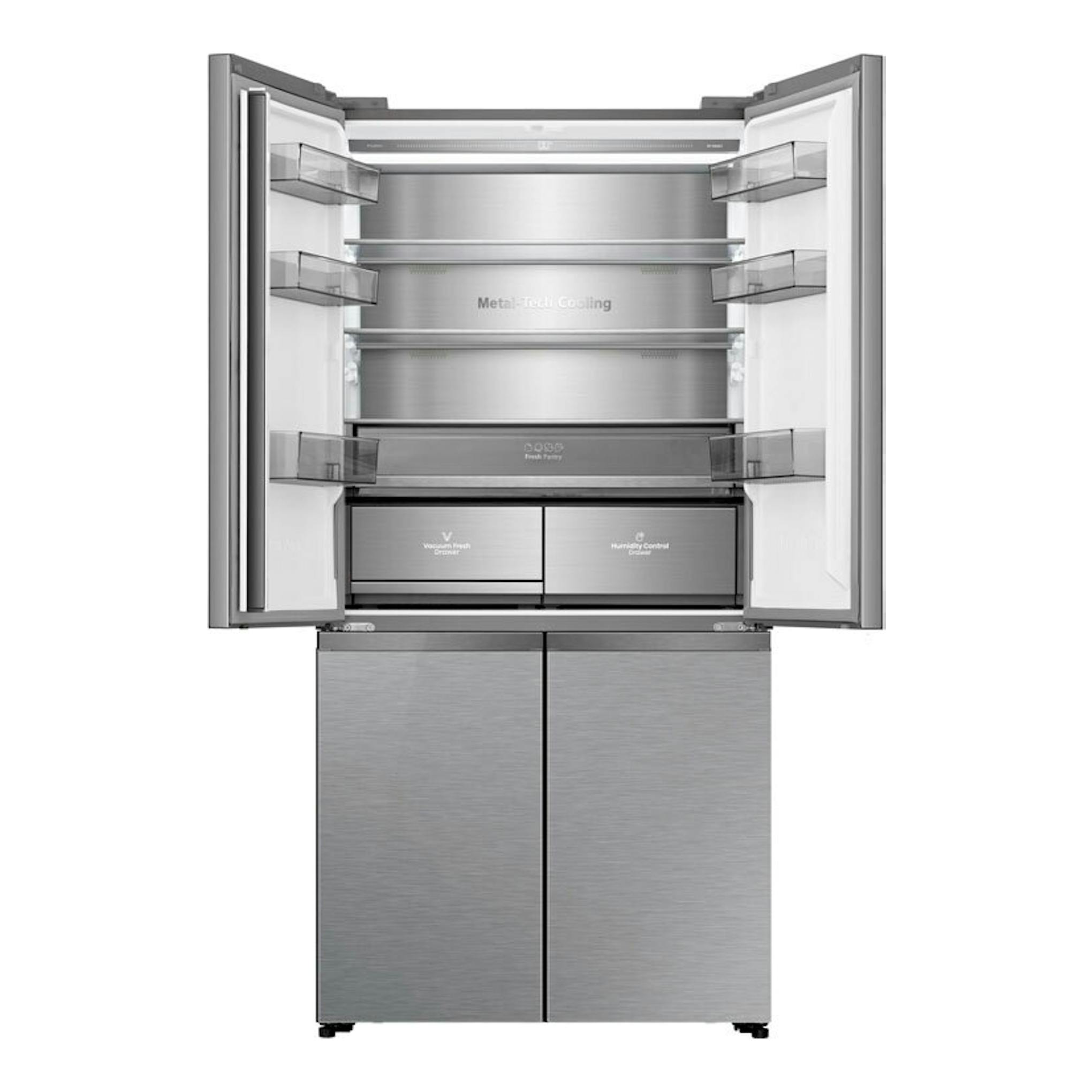 Frigorífico americano Hisense RQ5P605NSVE inox, vista frontal con puertas abiertas y cajones interiores.