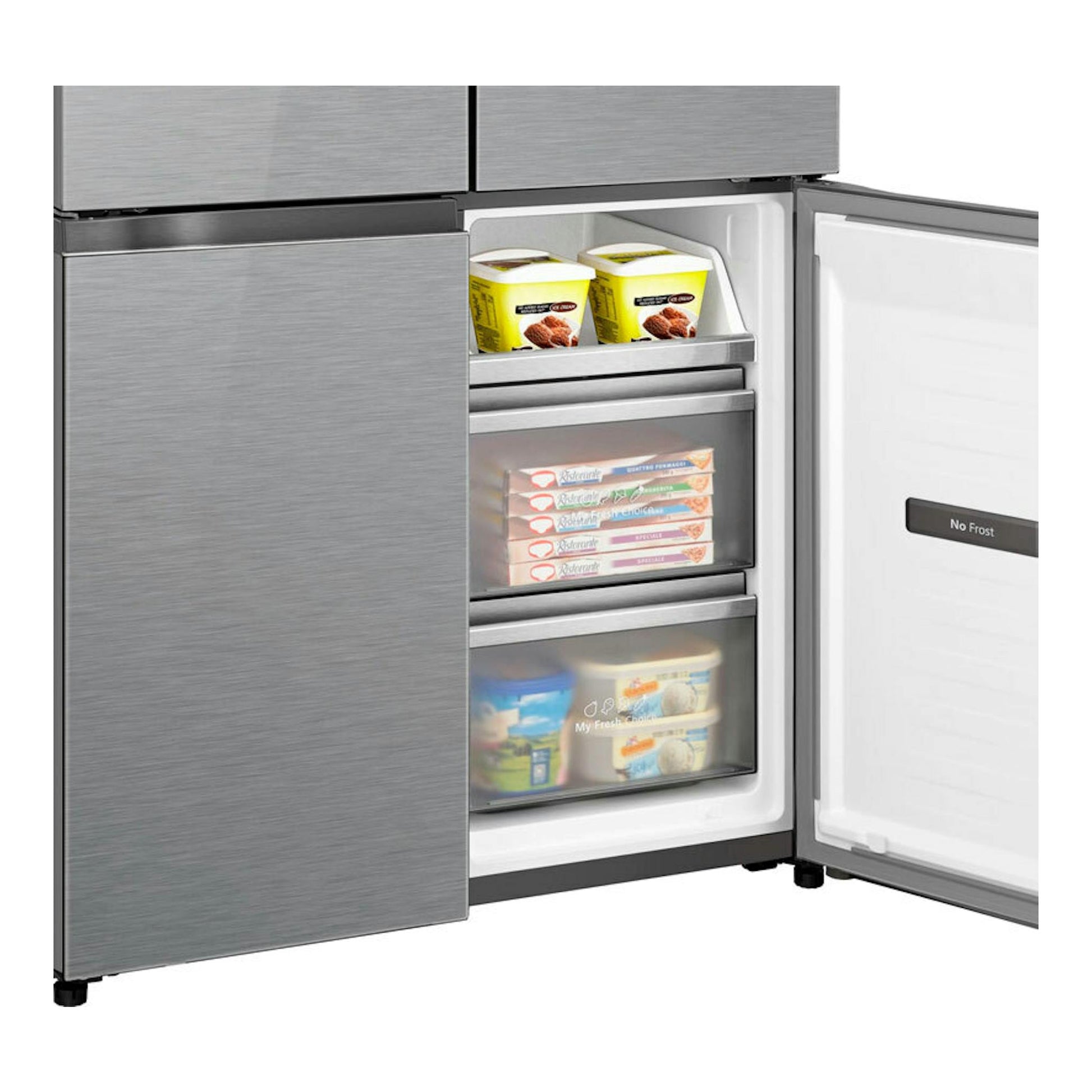 Frigorífico americano Hisense RQ5P605NSVE inox, vista frontal con puerta abierta y cajones interiores visibles.