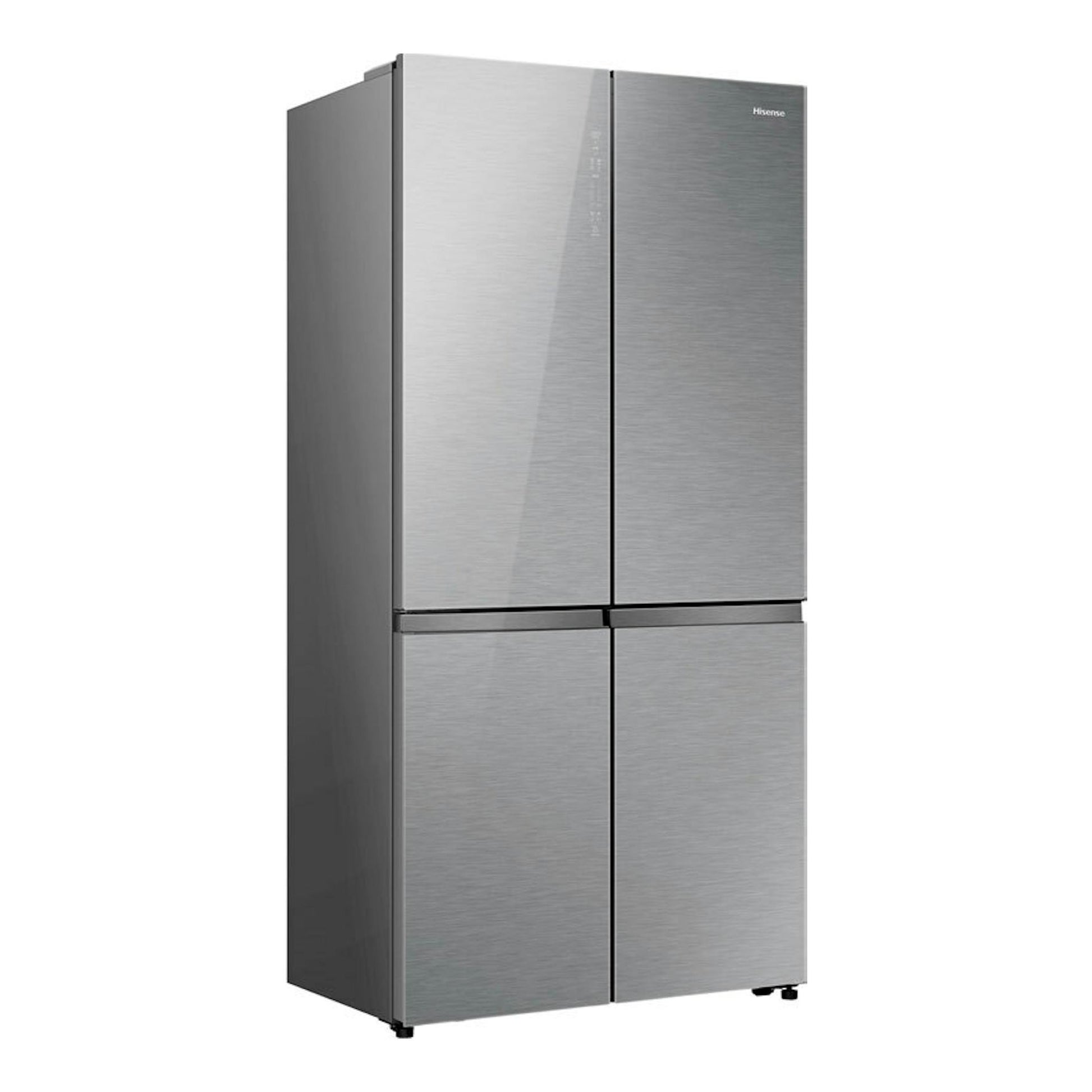 Frigorífico americano Hisense RQ5P605NSVE inox, vista frontal en ángulo, de cuatro puertas.