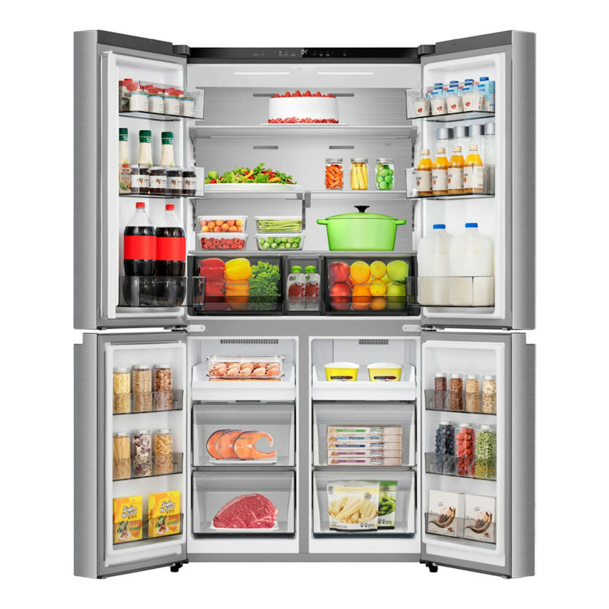 Frigorífico americano Hisense RQ5P640SSSD inox, abierto, vista frontal, con cuatro puertas y estantes llenos.