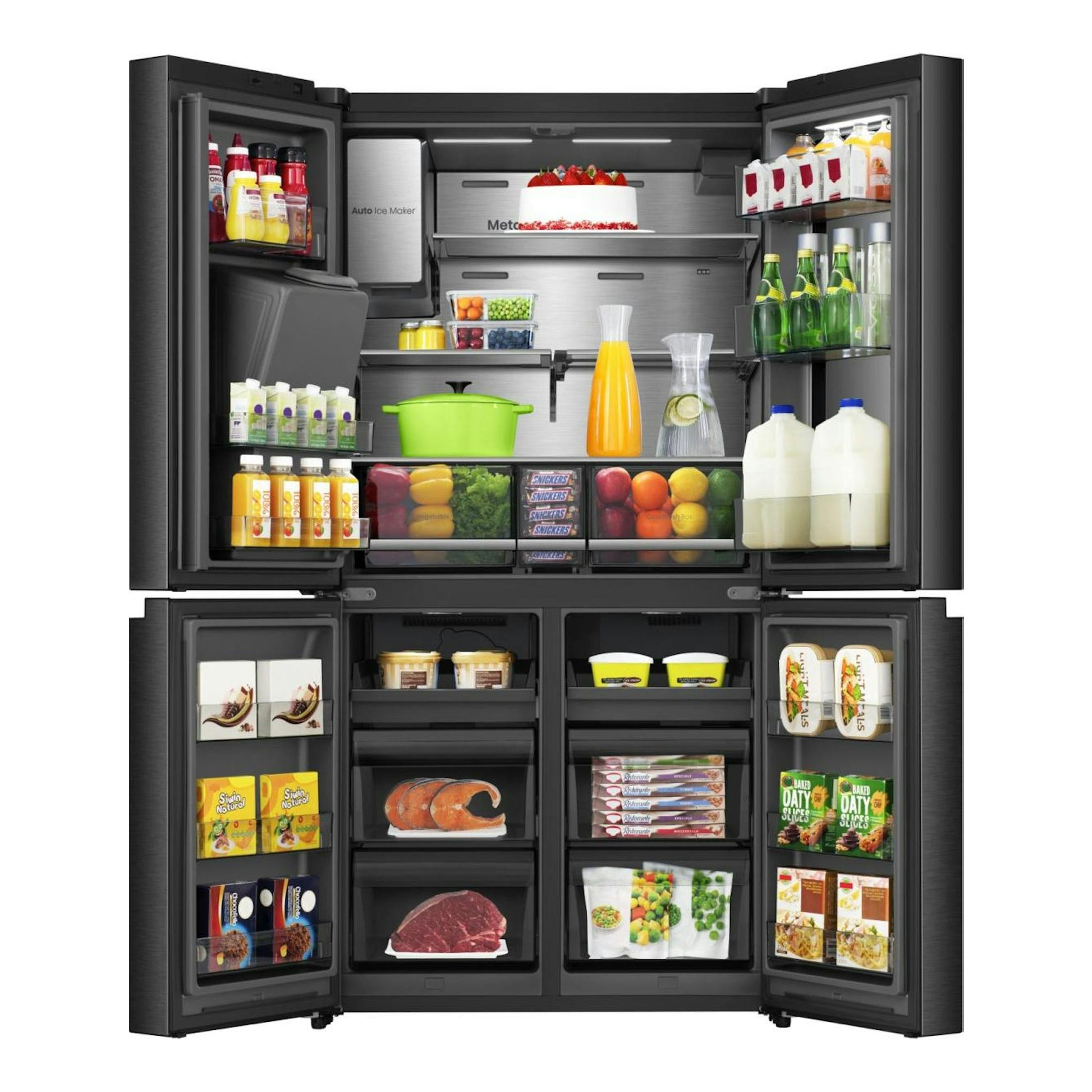 Frigorífico americano Hisense RQ600P7SKE negro, vista frontal con puertas abiertas y alimentos en el interior.