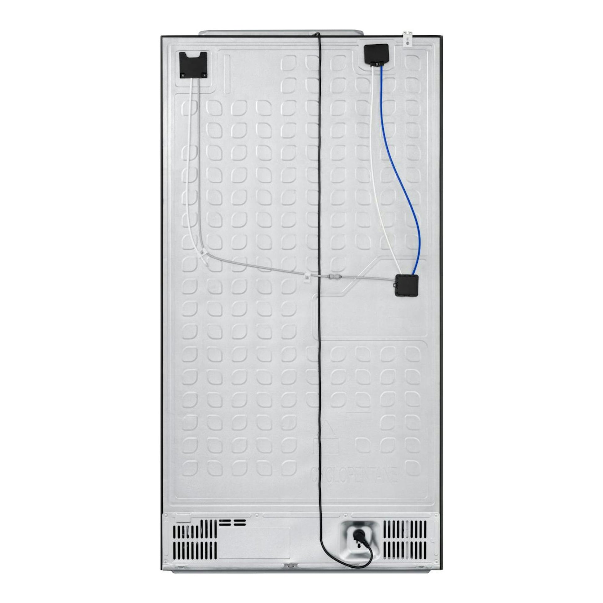 Parte trasera del frigorífico americano Hisense RQ600P7SKE, blanco, con cables y rejillas inferiores.