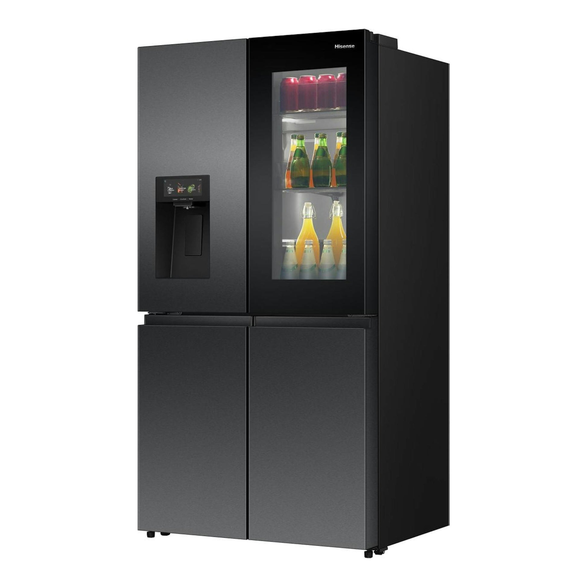 Frigorífico americano Hisense RQ600P7SKE negro, vista frontal en ángulo, cuatro puertas y dispensador.