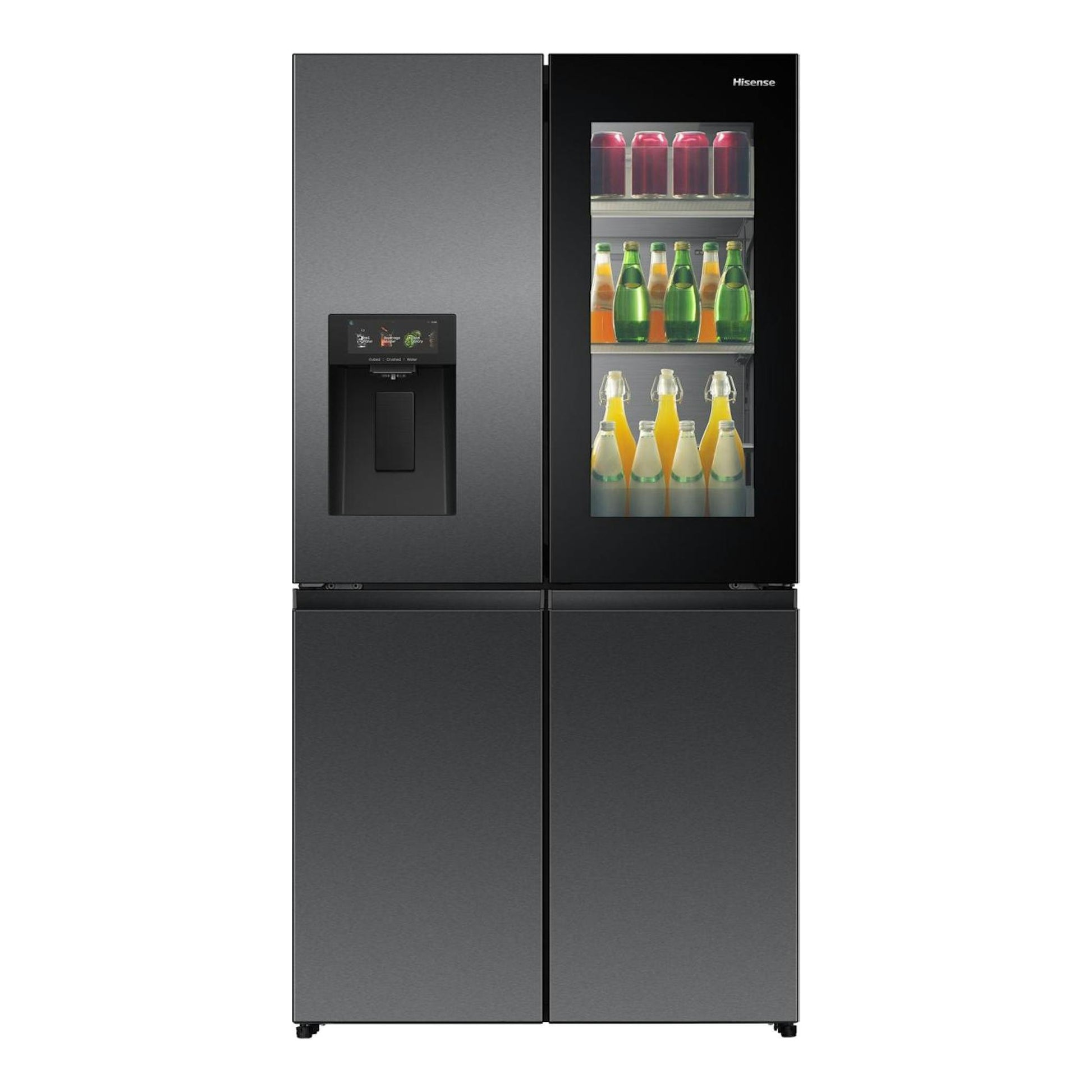 Frigorífico americano Hisense RQ600P7SKE negro, vista frontal, con dispensador y vitrina de bebidas en la puerta.