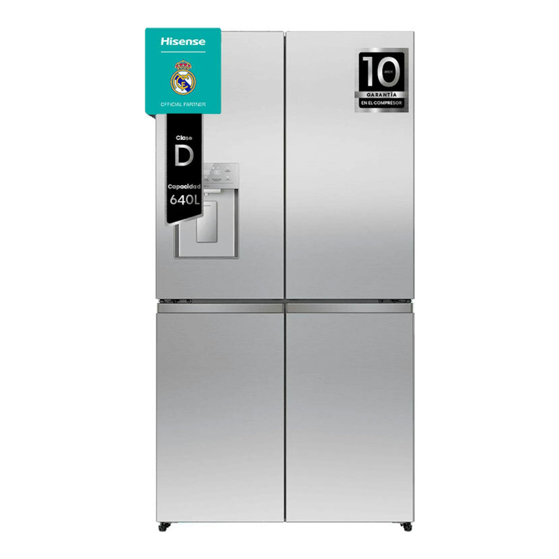 Frigorífico americano Hisense RQ640P5SSD inox, vista frontal, cuatro puertas y dispensador de agua.