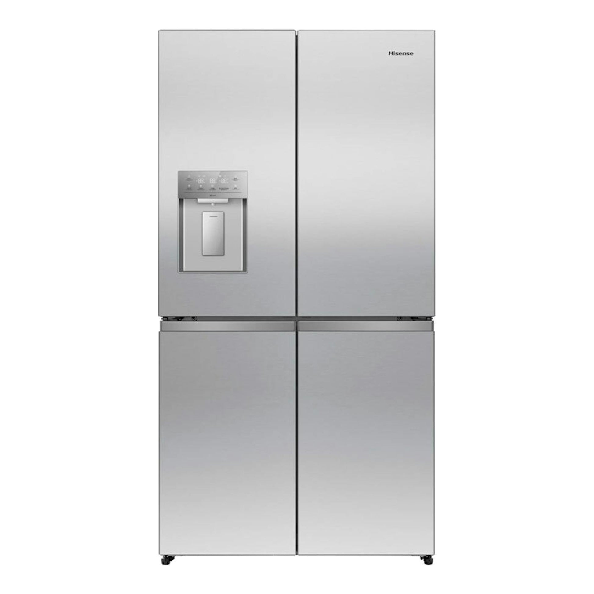 Frigorífico americano Hisense RQ640P5SSD inox, vista frontal, cuatro puertas y dispensador de agua.