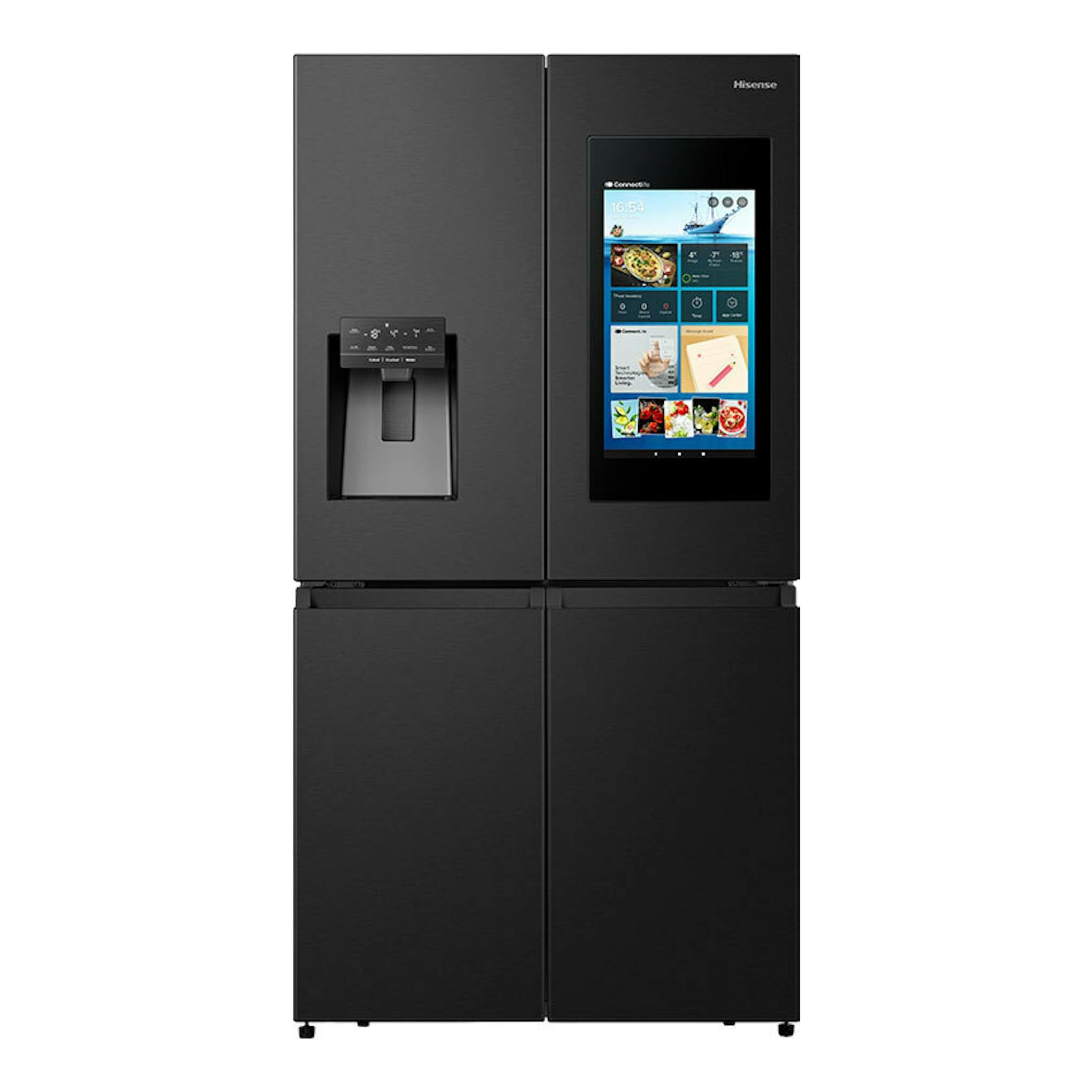 Frigorífico americano Hisense RQ760N4IFE negro, vista frontal, con dispensador y pantalla táctil en la puerta.