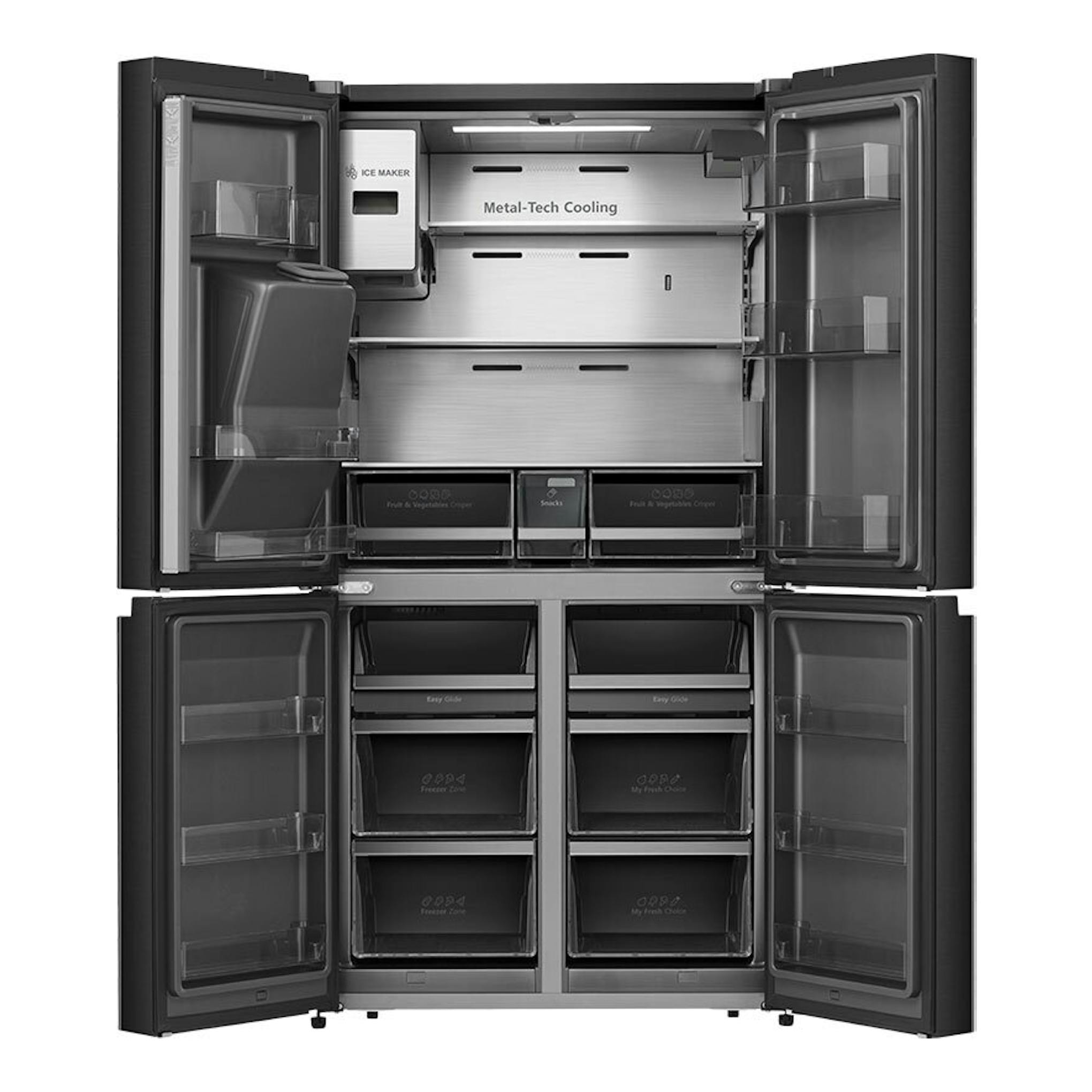 Frigorífico americano Hisense RQ760N4IFE negro, con cuatro puertas abiertas y compartimentos visibles.