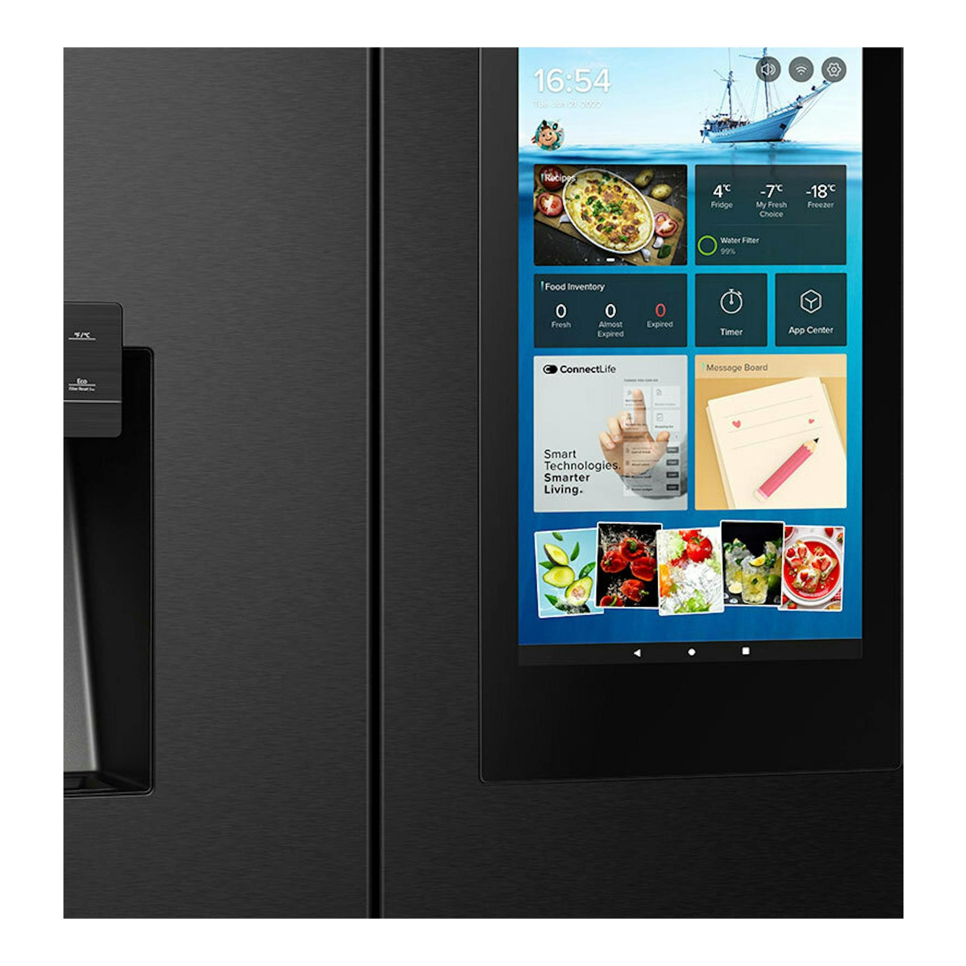 Frigorífico americano Hisense RQ760N4IFE negro, vista frontal con pantalla táctil integrada.