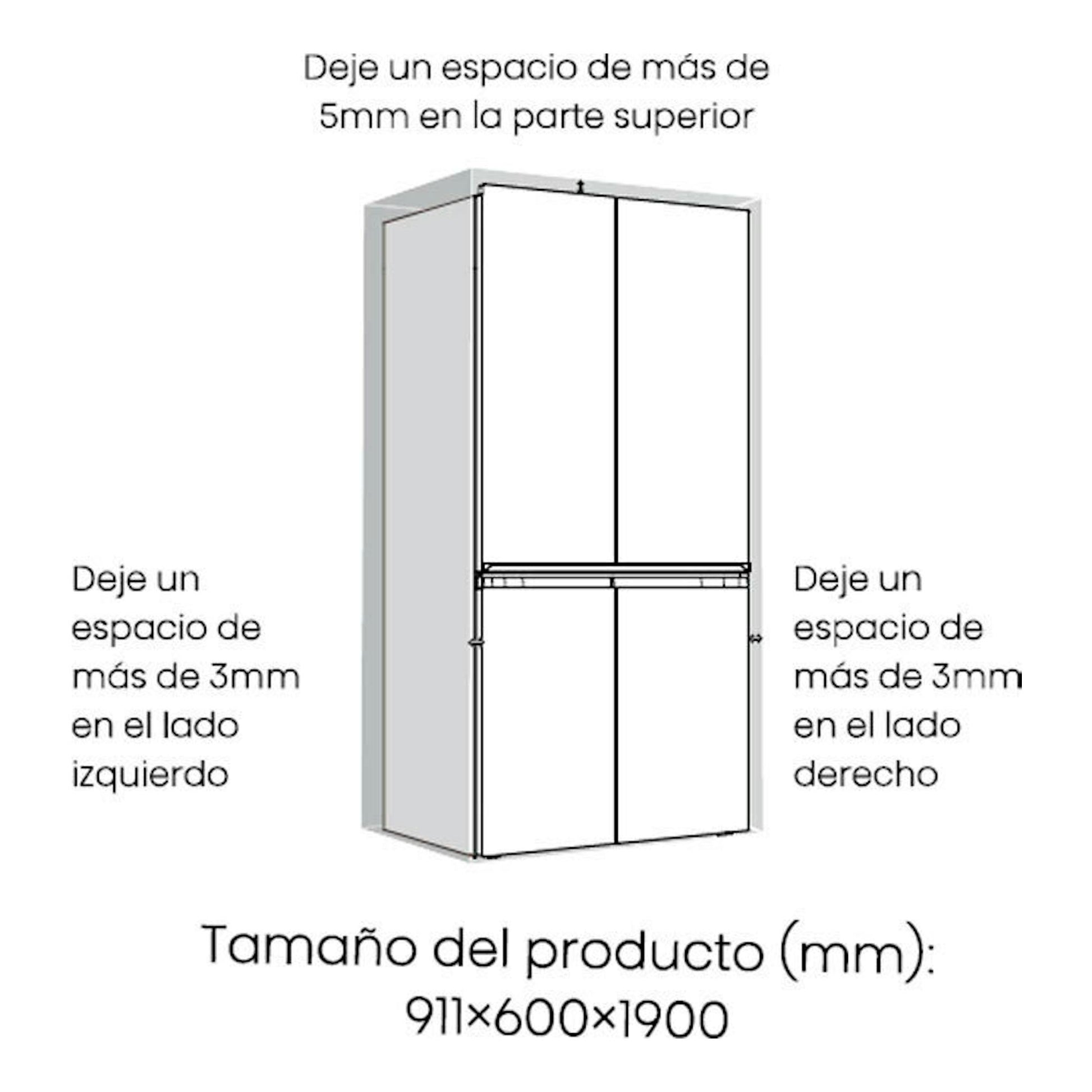Esquema del frigorífico Hisense RQ768N4GBE negro, vista frontal, con medidas de hueco y separación.