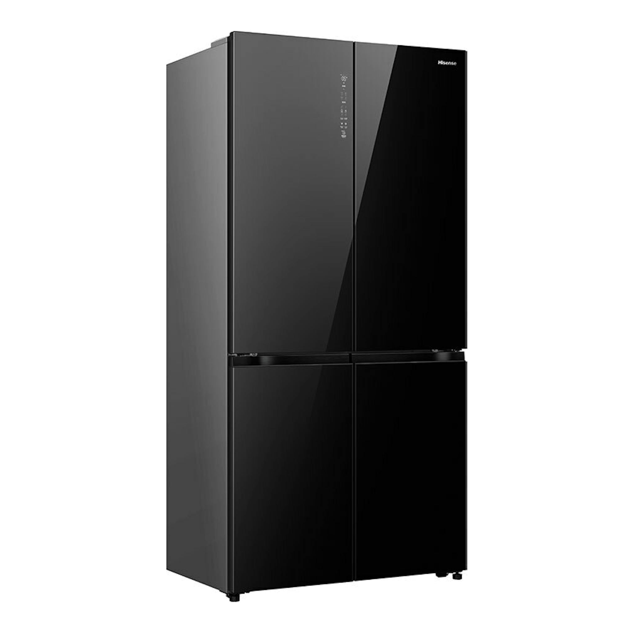 Frigorífico americano Hisense RQ768N4GBE negro brillante, vista frontal en ángulo.