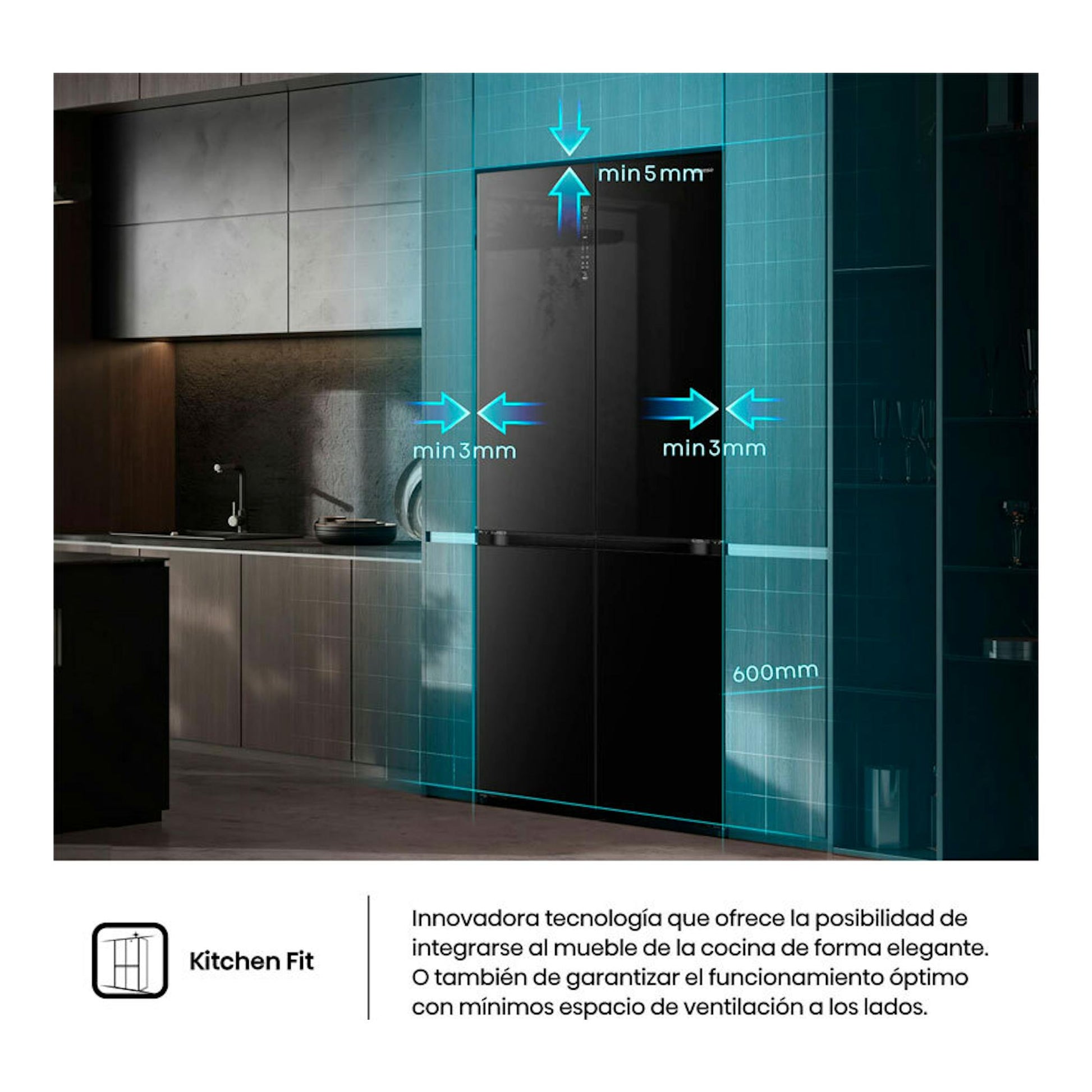 Frigorífico americano Hisense RQ768N4GBE negro, frontal en cocina con guía de medidas de integración Kitchen Fit.