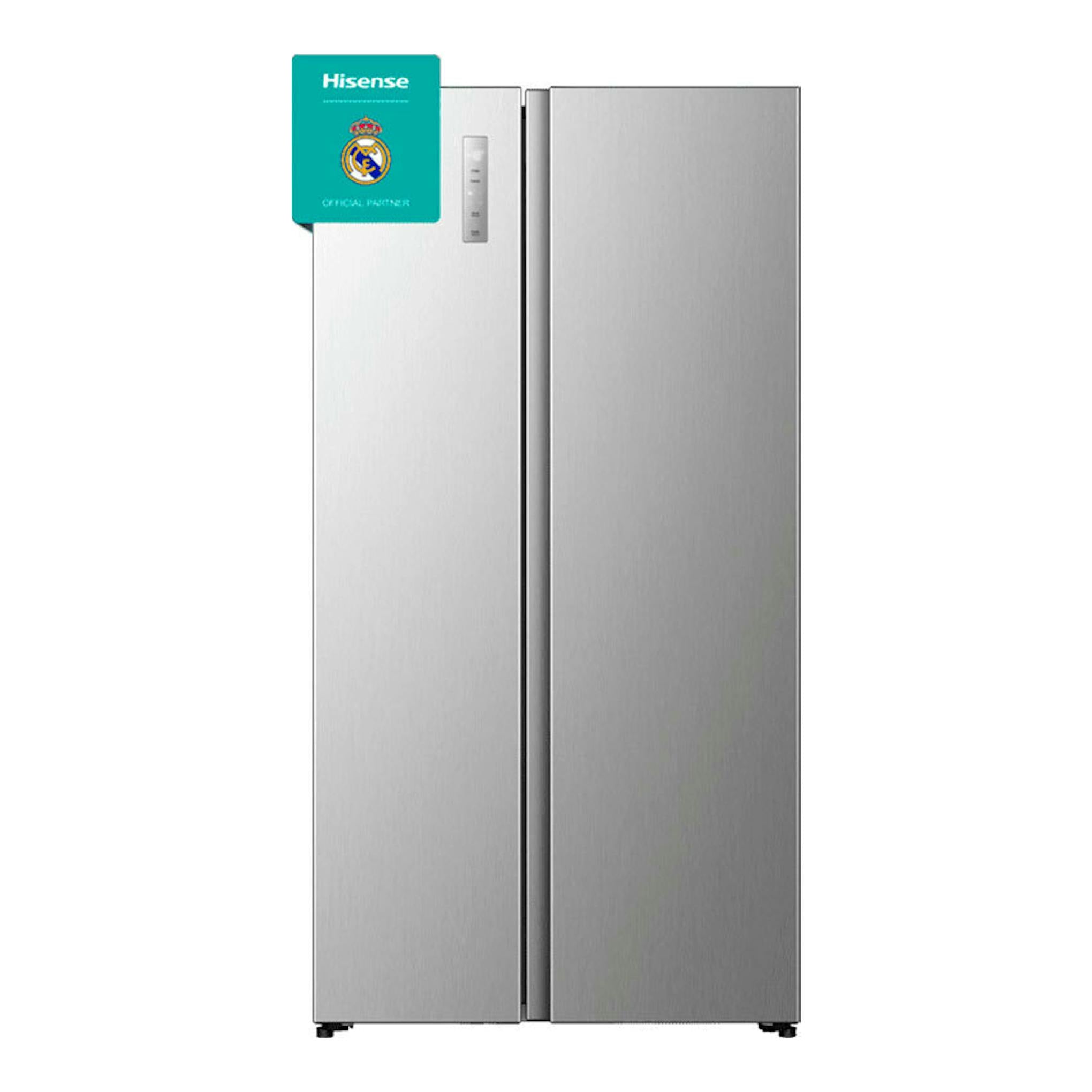 Frigorífico americano Hisense RS3P538NAIE inox, vista frontal, dos puertas, acabado plateado.