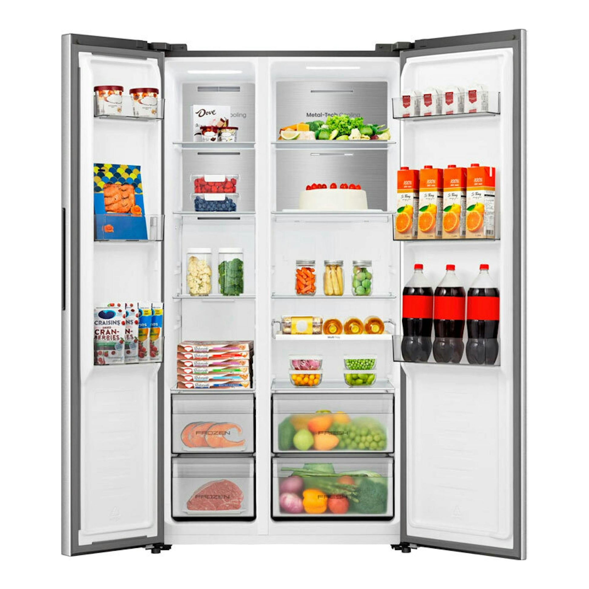 Frigorífico americano Hisense RS3P538NAIE inox, vista frontal con puertas abiertas y compartimentos visibles.