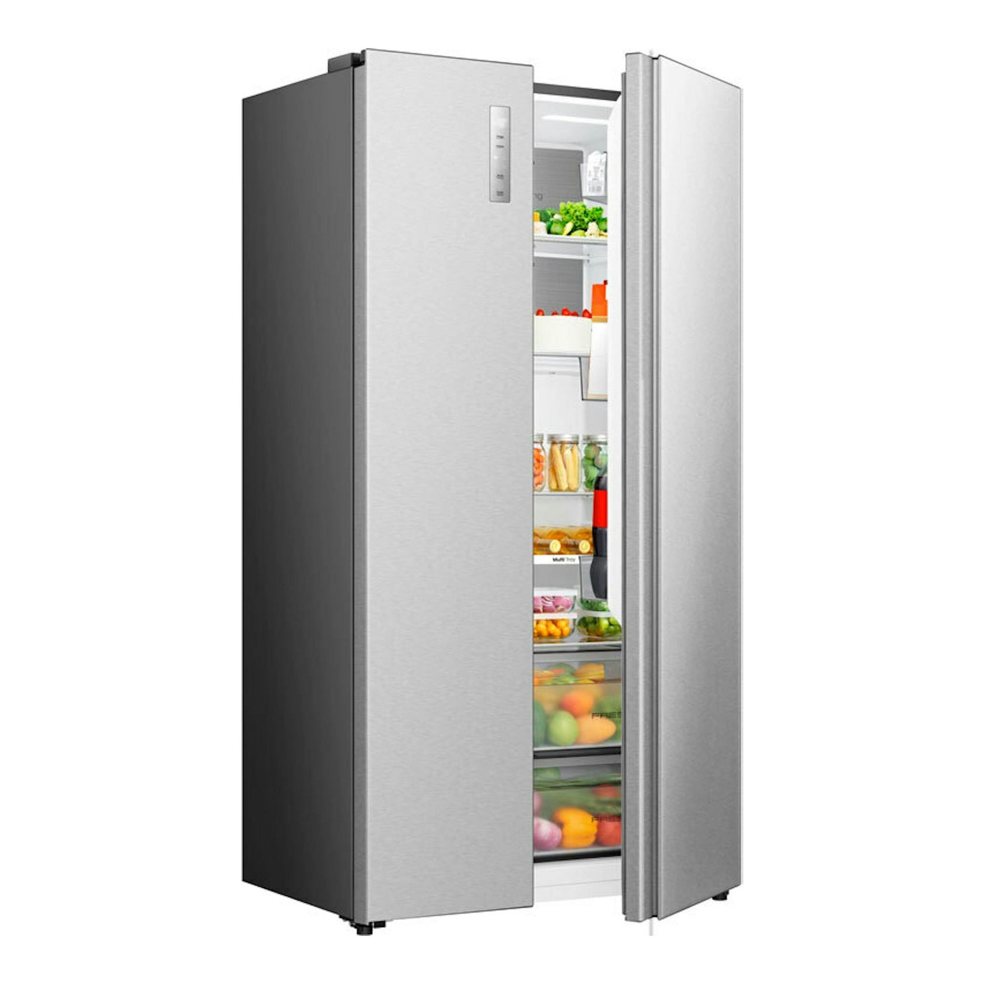Frigorífico americano Hisense RS3P538NAIE en inox, vista frontal con puertas abiertas y interior visible.