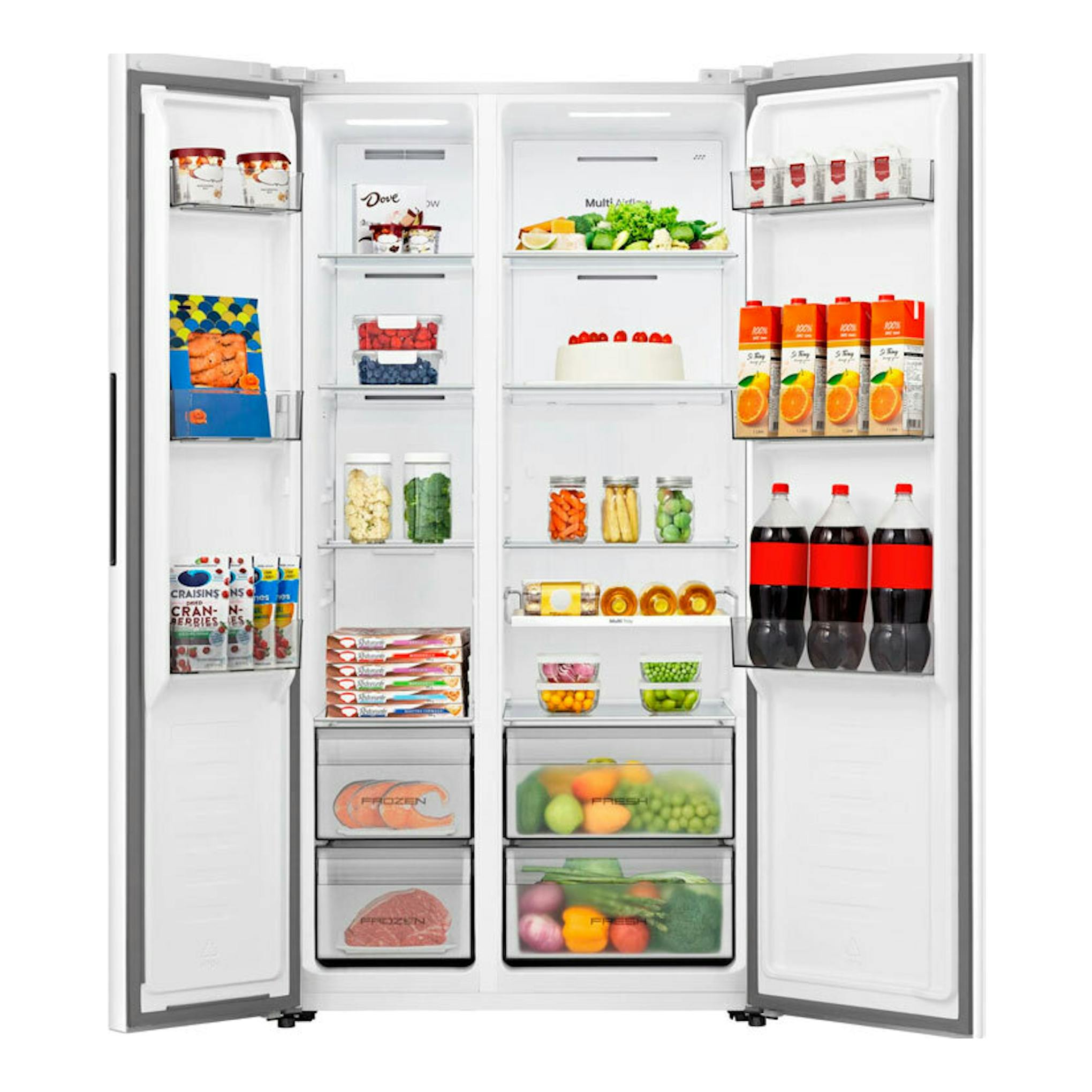 Frigorífico americano Hisense RS3P538NEWE blanco, vista frontal con puertas abiertas y estantes llenos.