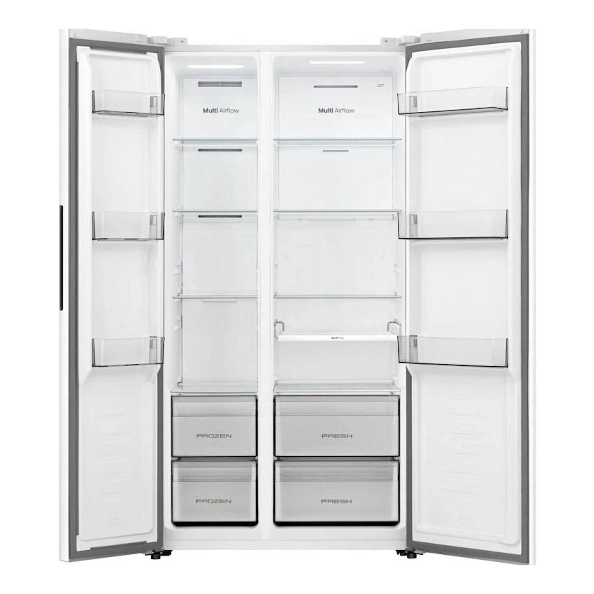 Frigorífico americano Hisense RS3P538NEWE blanco, frontal con las dos puertas abiertas y cajones interiores visibles.