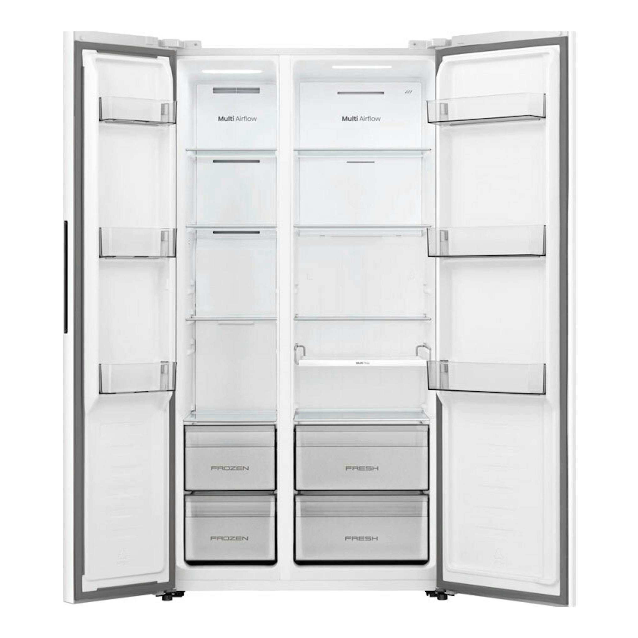 Frigorífico americano Hisense RS3P538NEWE blanco, frontal con las dos puertas abiertas y cajones interiores visibles.