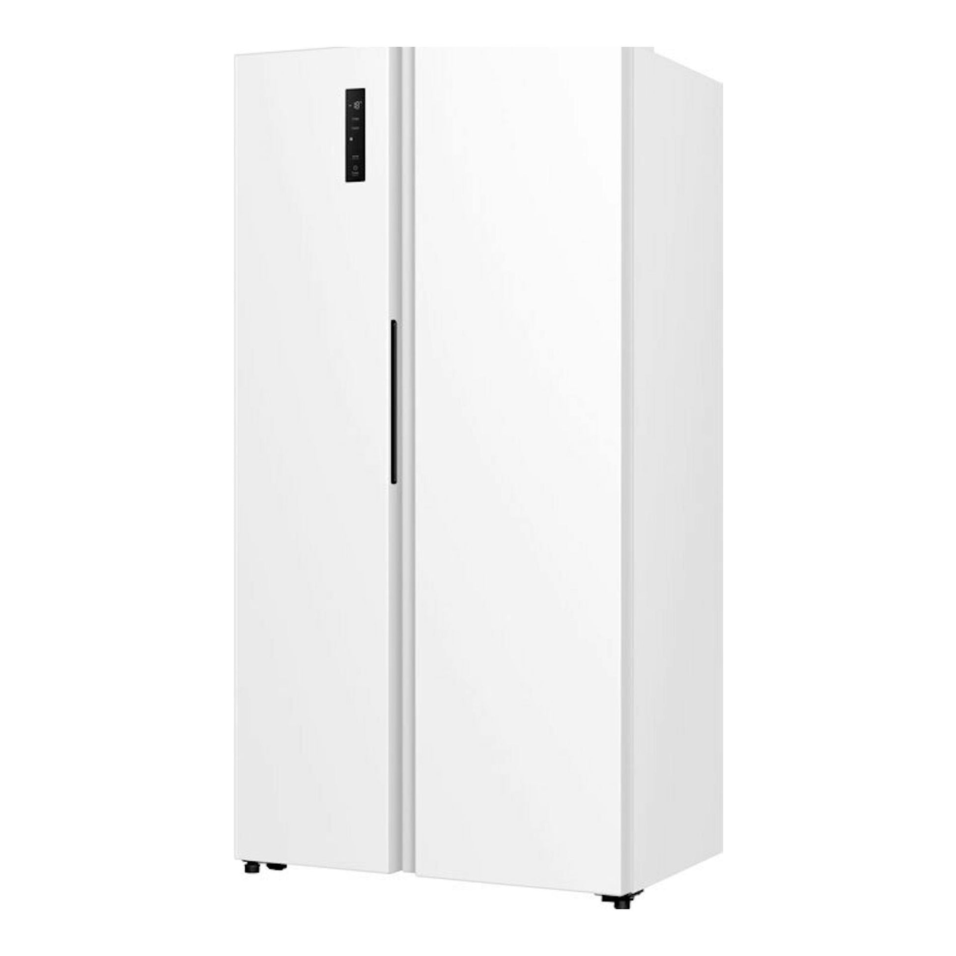 Frigorífico americano Hisense RS3P538NEWE blanco, vista frontal en ángulo, con puertas dobles.