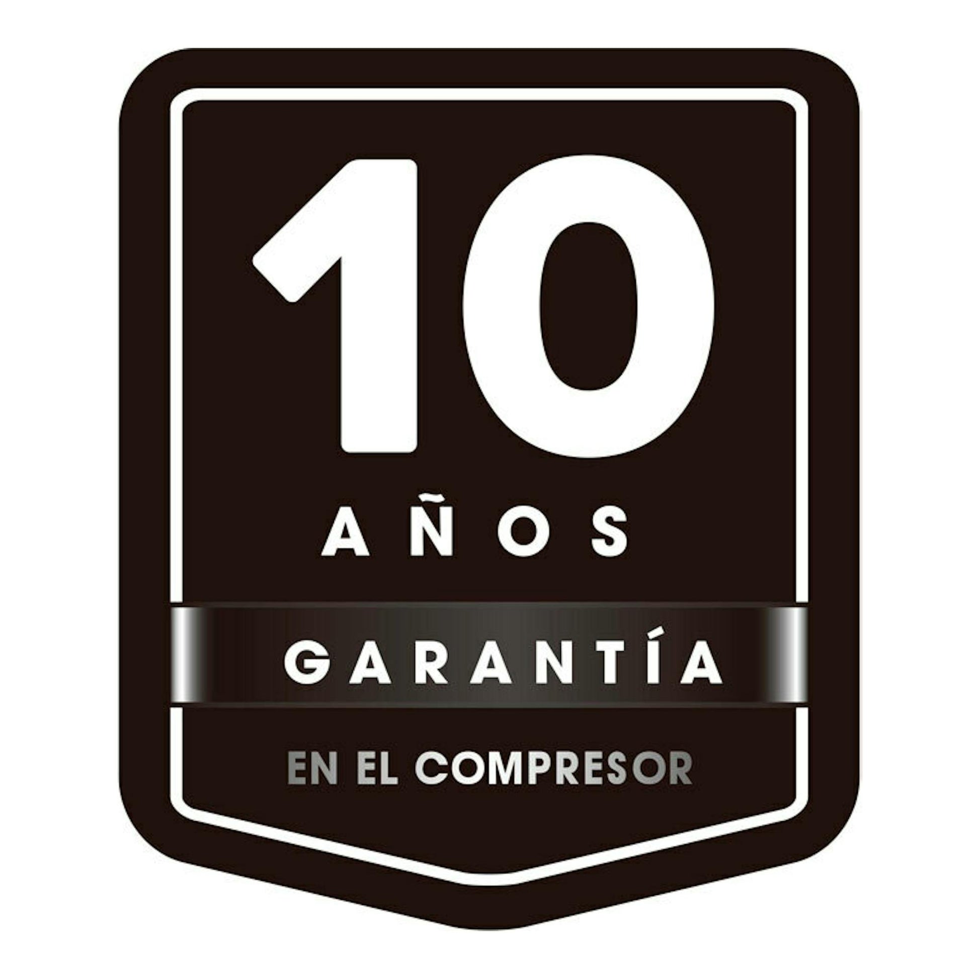 Sello negro con texto “10 años” y “garantía en el compresor”.