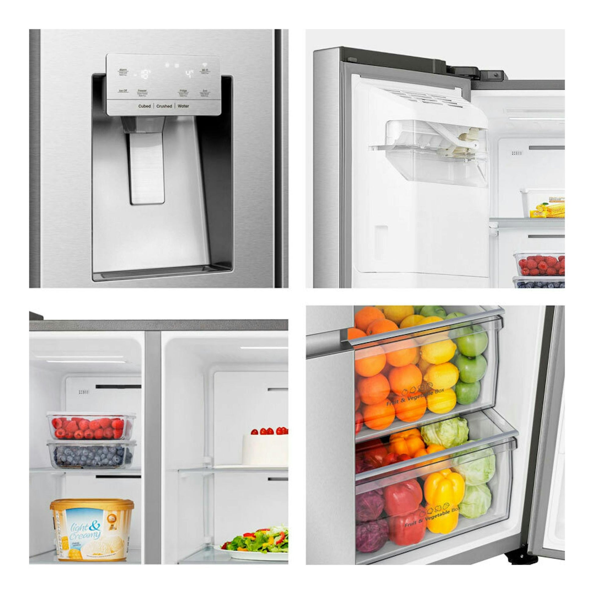 Frigorífico americano Hisense RS818N4IIE1 inox, vista frontal con dispensador de hielo/agua y cajones interiores.