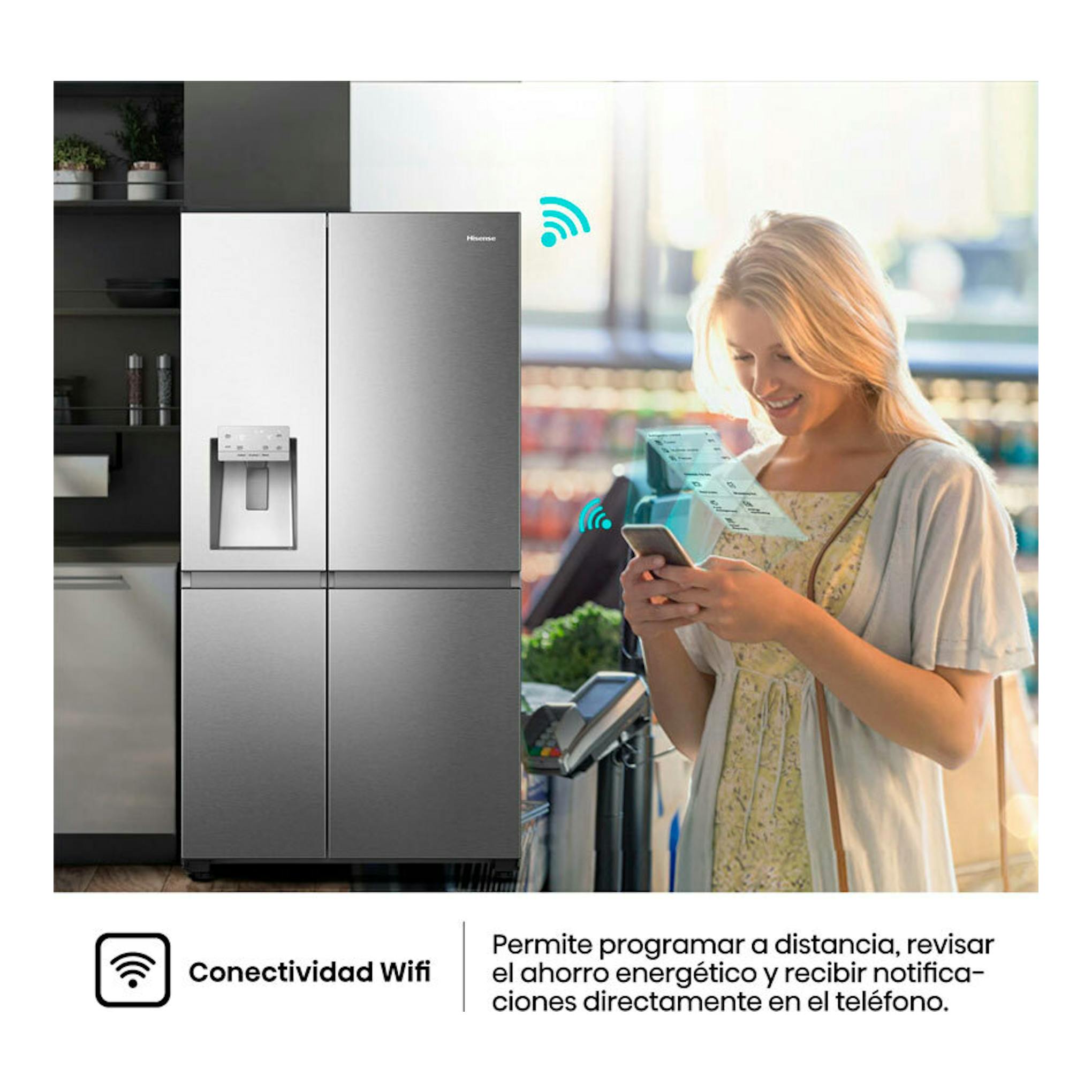 Frigorífico americano Hisense RS818N4IIE1 inox, vista frontal de cuatro puertas con dispensador y Wi‑Fi.