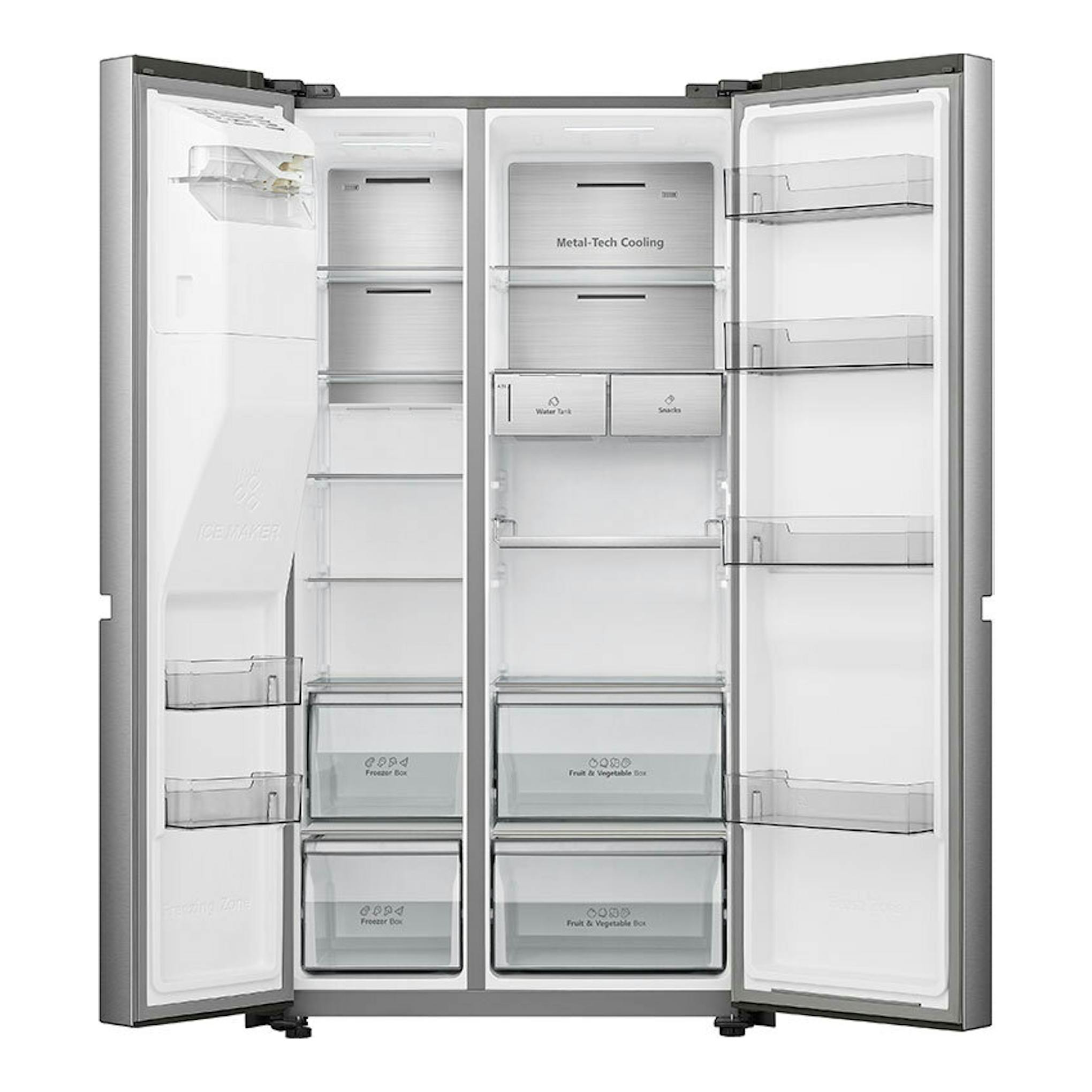 Frigorífico americano Hisense RS818N4TIC inox, vista frontal con las dos puertas abiertas y estantes vacíos.