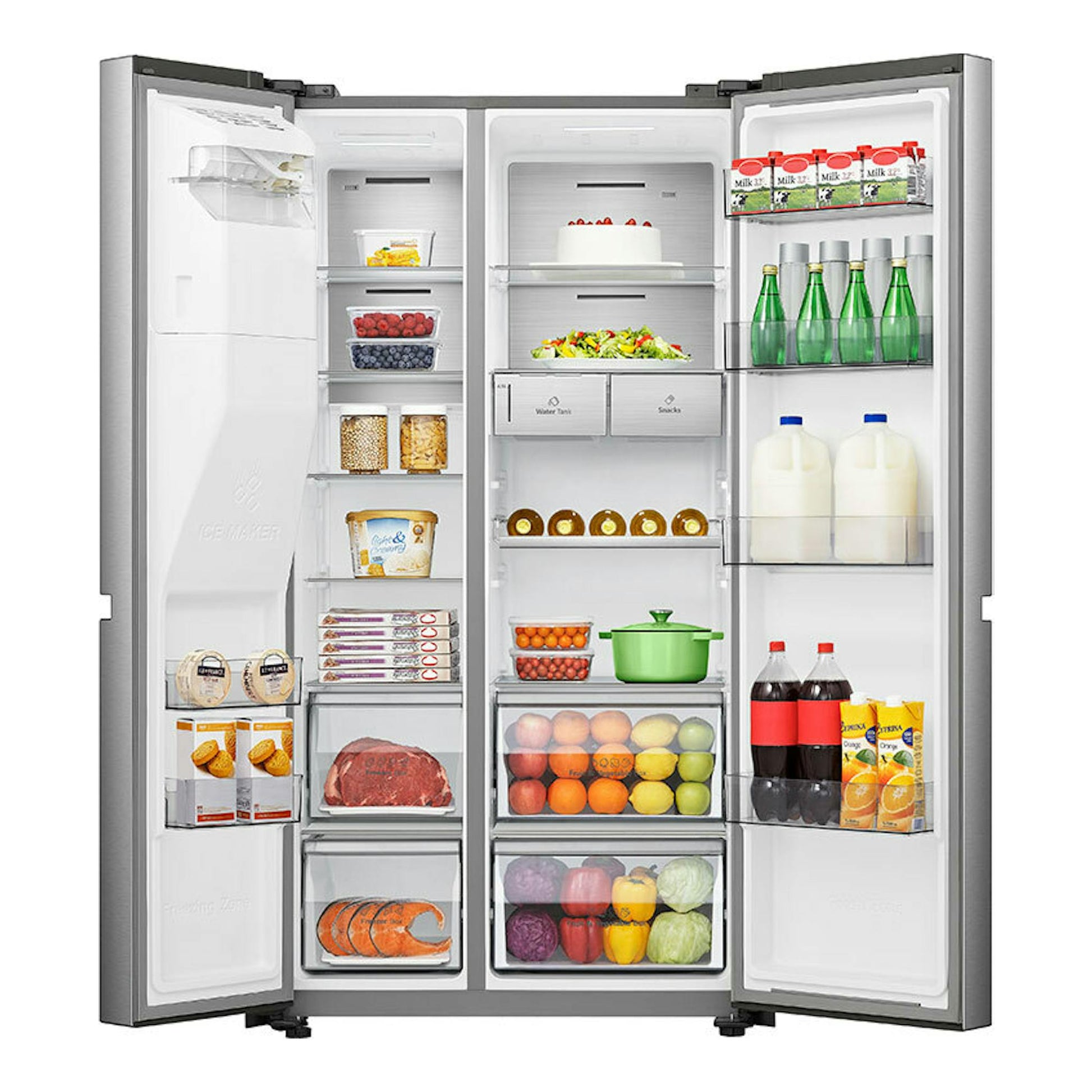 Frigorífico americano Hisense RS818N4TIC inox, visto de frente y abierto, con estantes llenos.