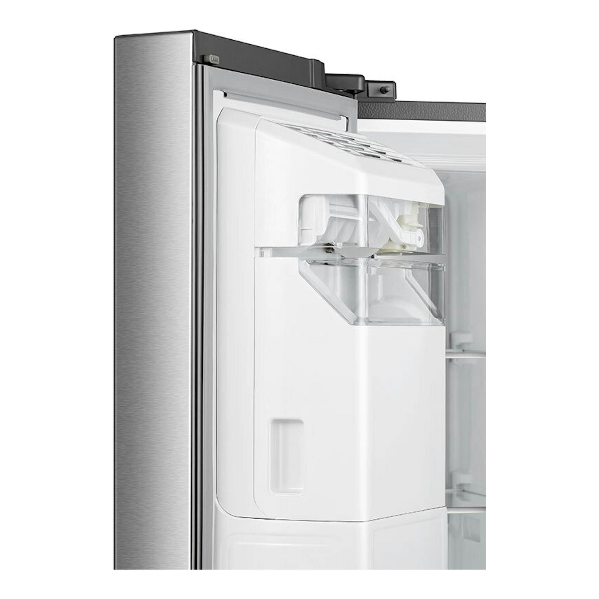 Frigorífico americano Hisense RS818N4TIC inox, vista lateral con puerta abierta y dispensador de hielo y agua.
