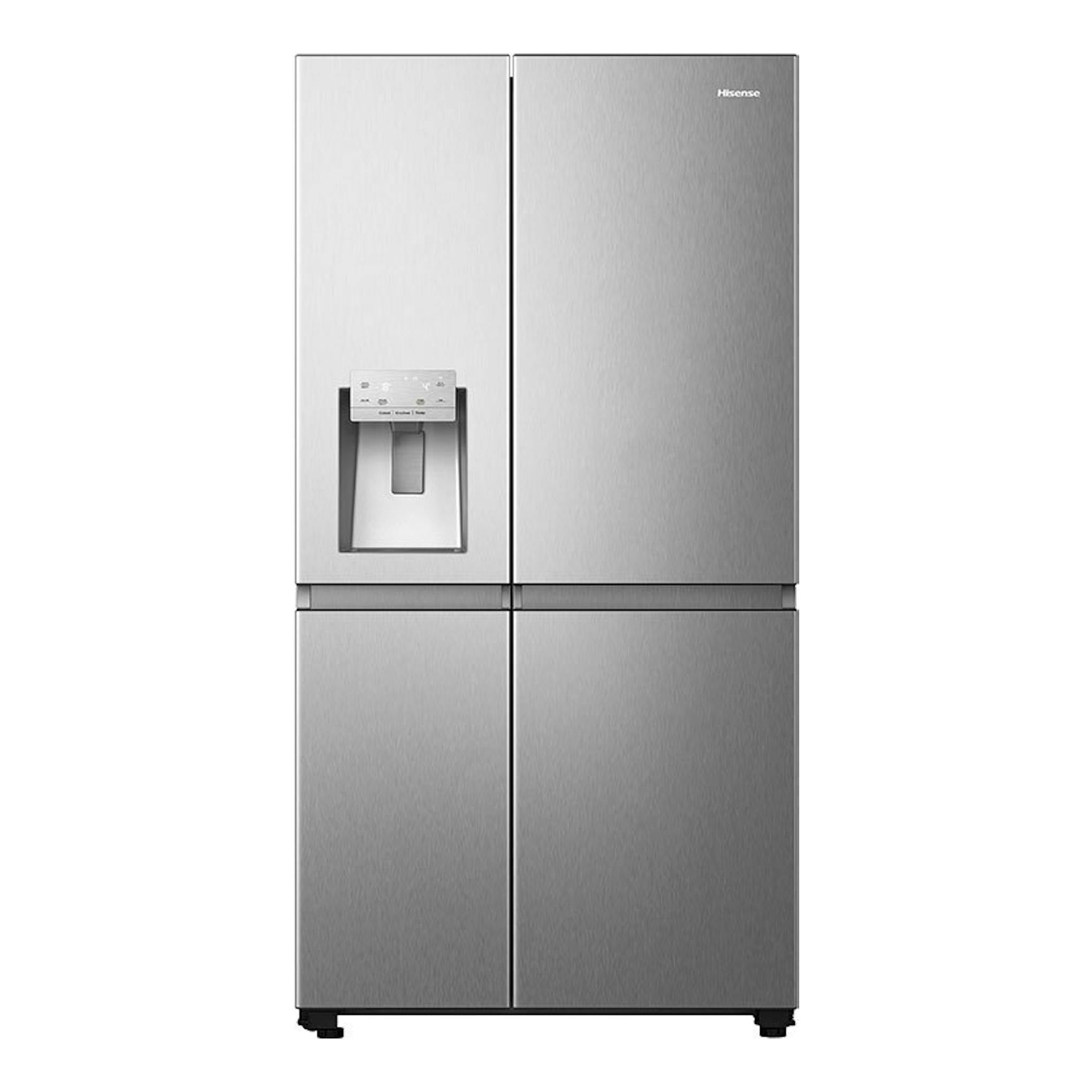 Frigorífico americano Hisense de cuatro puertas en acero inoxidable, vista frontal, con dispensador de agua.