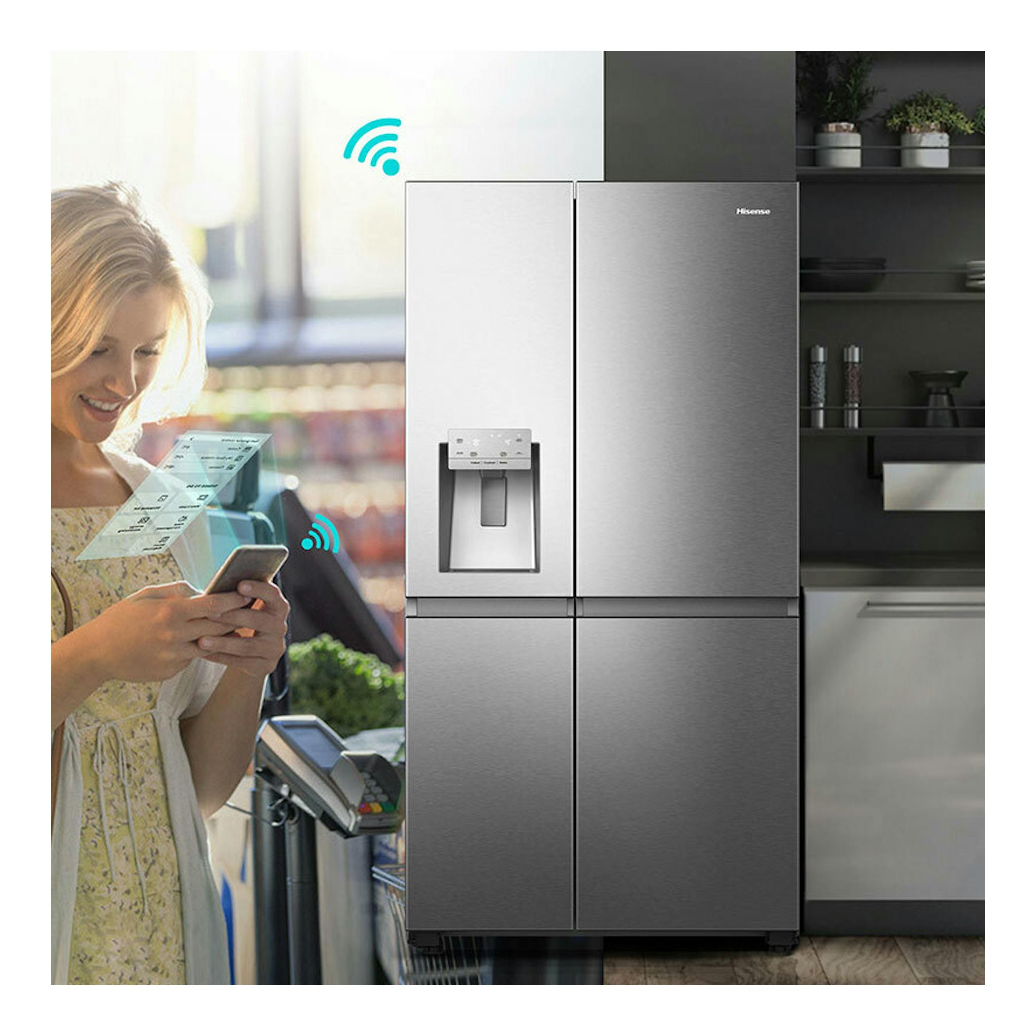 Frigorífico americano Hisense RS818N4TIE1 inox, vista frontal, con dispensador de agua y hielo.