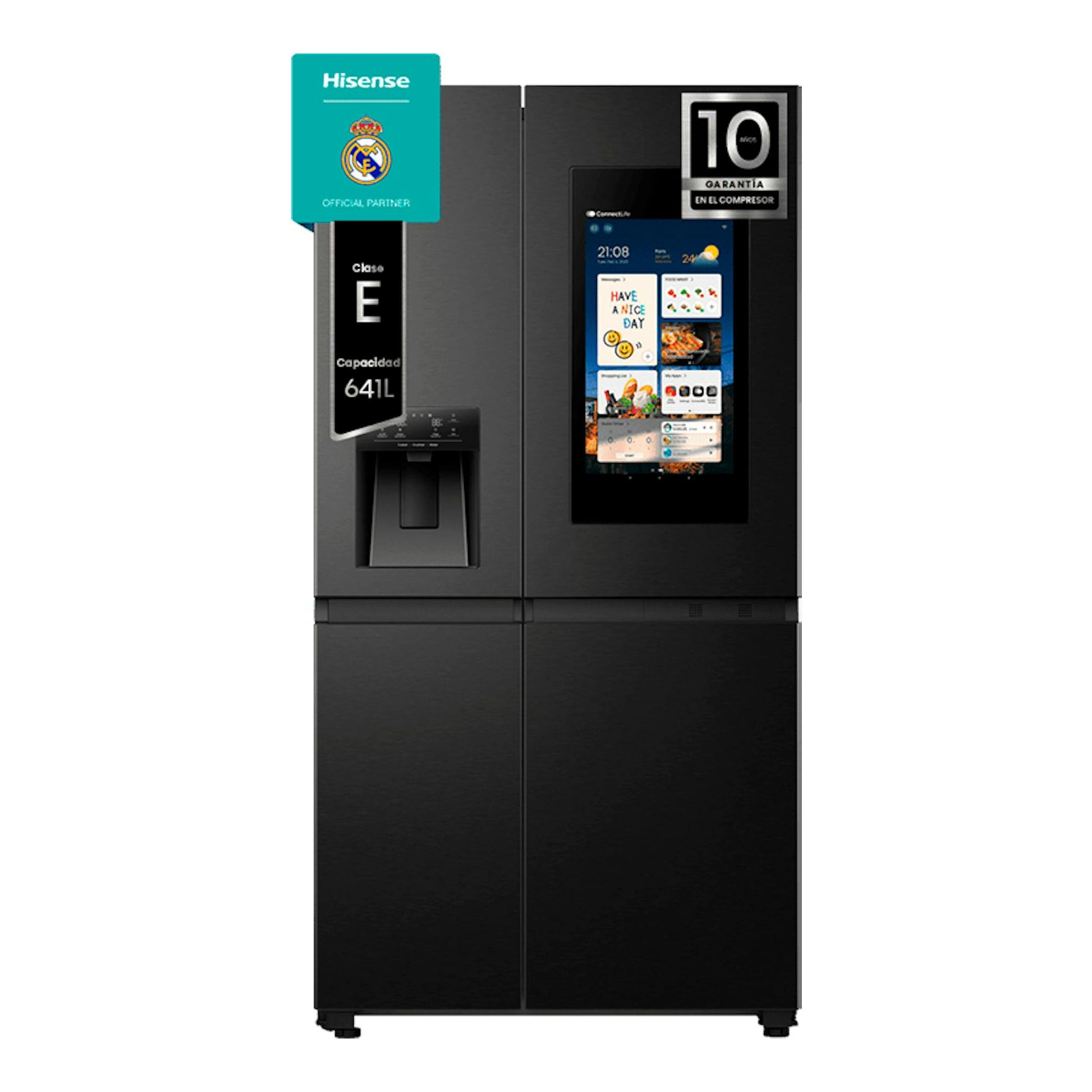 Frigorífico americano Hisense RS9P628GPFE en inox, vista frontal, negro, con dispensador y pantalla.