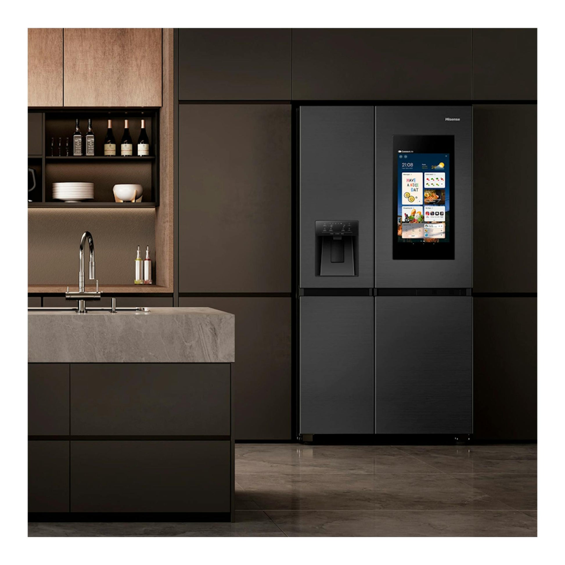 Frigorífico americano Hisense RS9P628GPFE inox, vista frontal, con dispensador y pantalla táctil.