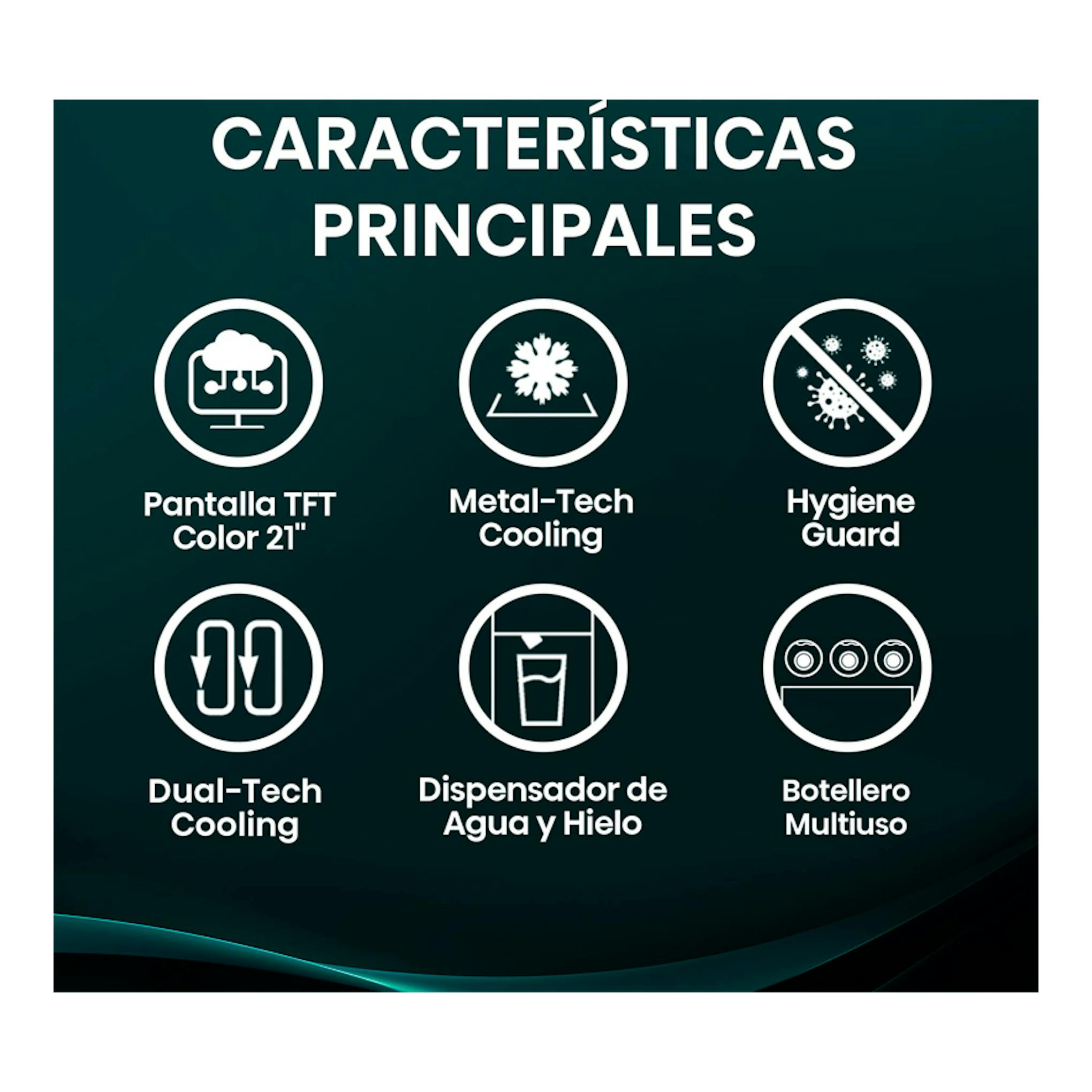 Infografía de características del frigorífico Hisense RS9P628GPFE en fondo verde oscuro, con seis iconos.
