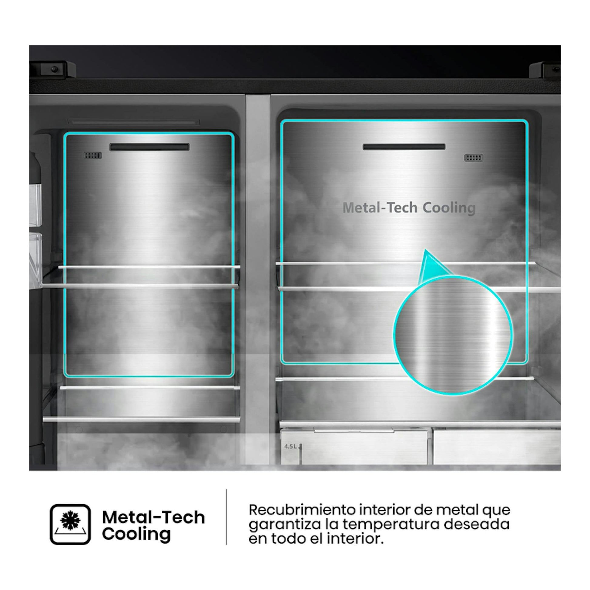 Interior de frigorífico americano Hisense RS9P628GPFE en inox, vista frontal de compartimentos metálicos.