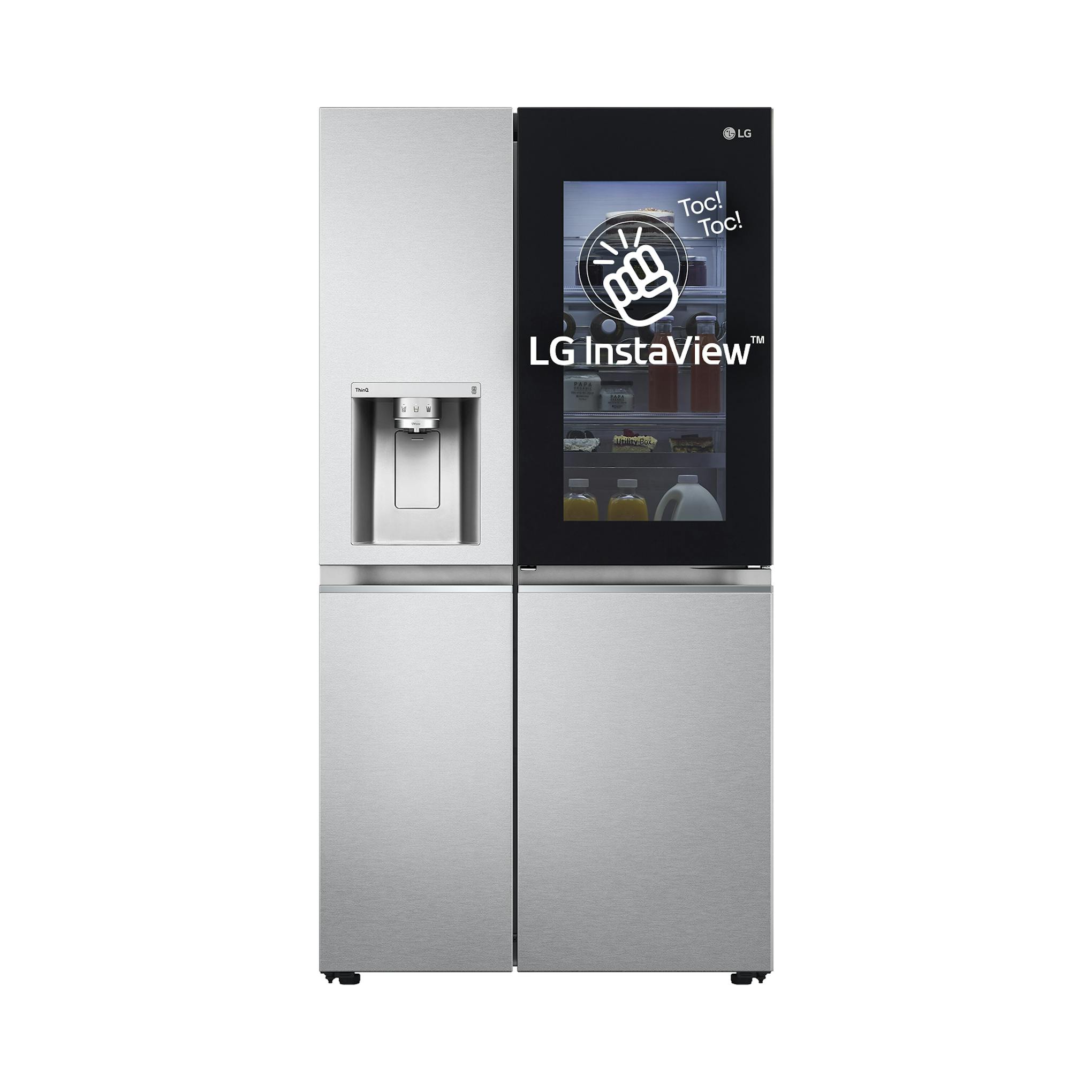 Frigorífico americano LG GSXV90MBAE inox, frontal, con dispensador y puerta InstaView negra.