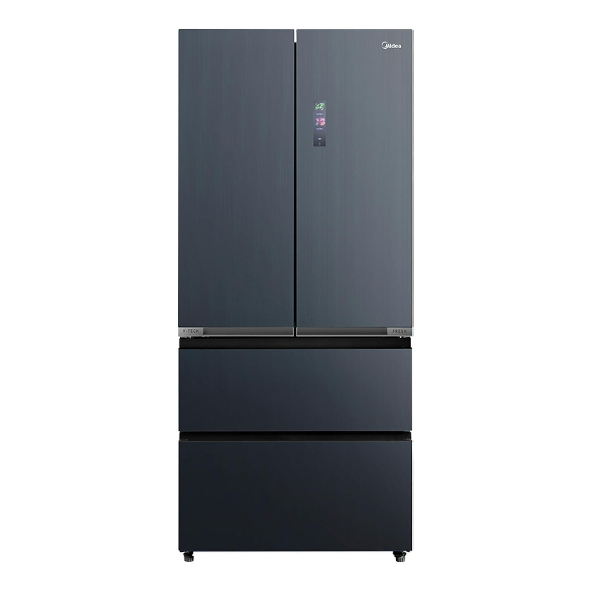 Frigorífico americano Midea MDRF705BIE70 inox, vista frontal, gris oscuro, con dos puertas y dos cajones.