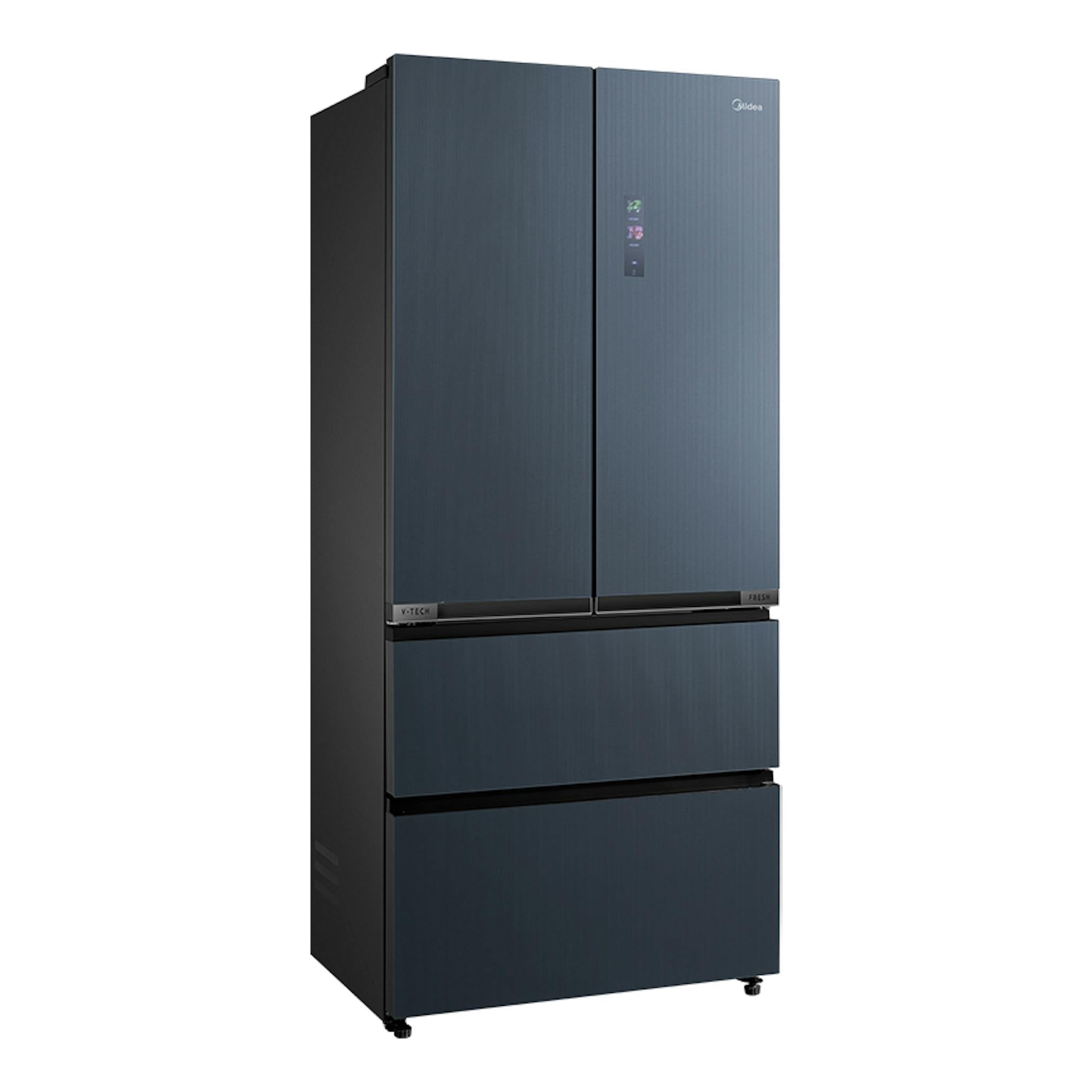Frigorífico americano Midea MDRF705BIE70, vista frontal, color gris oscuro, cuatro puertas.
