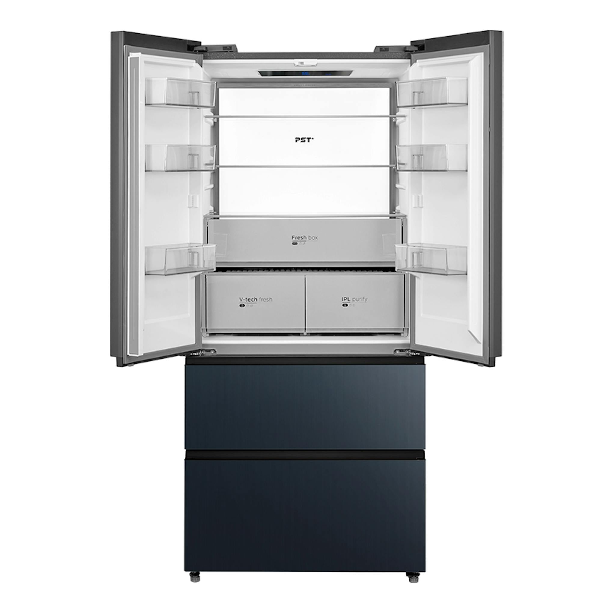 Frigorífico americano Midea MDRF705BIE70 inox, vista frontal con puertas abiertas y dos cajones inferiores.