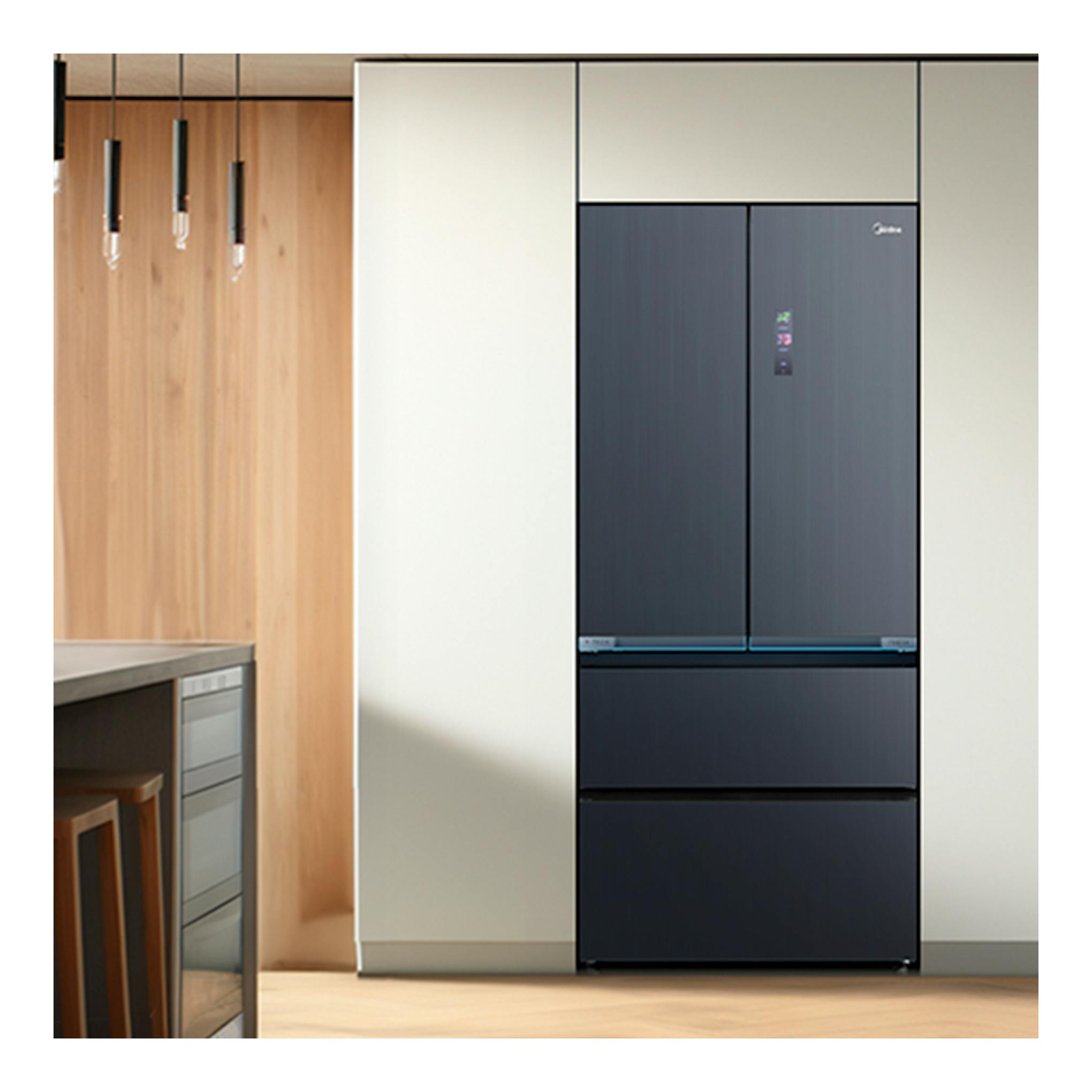 Frigorífico americano Midea MDRF705BIE70, vista frontal, oscuro, con dos puertas y dos cajones.