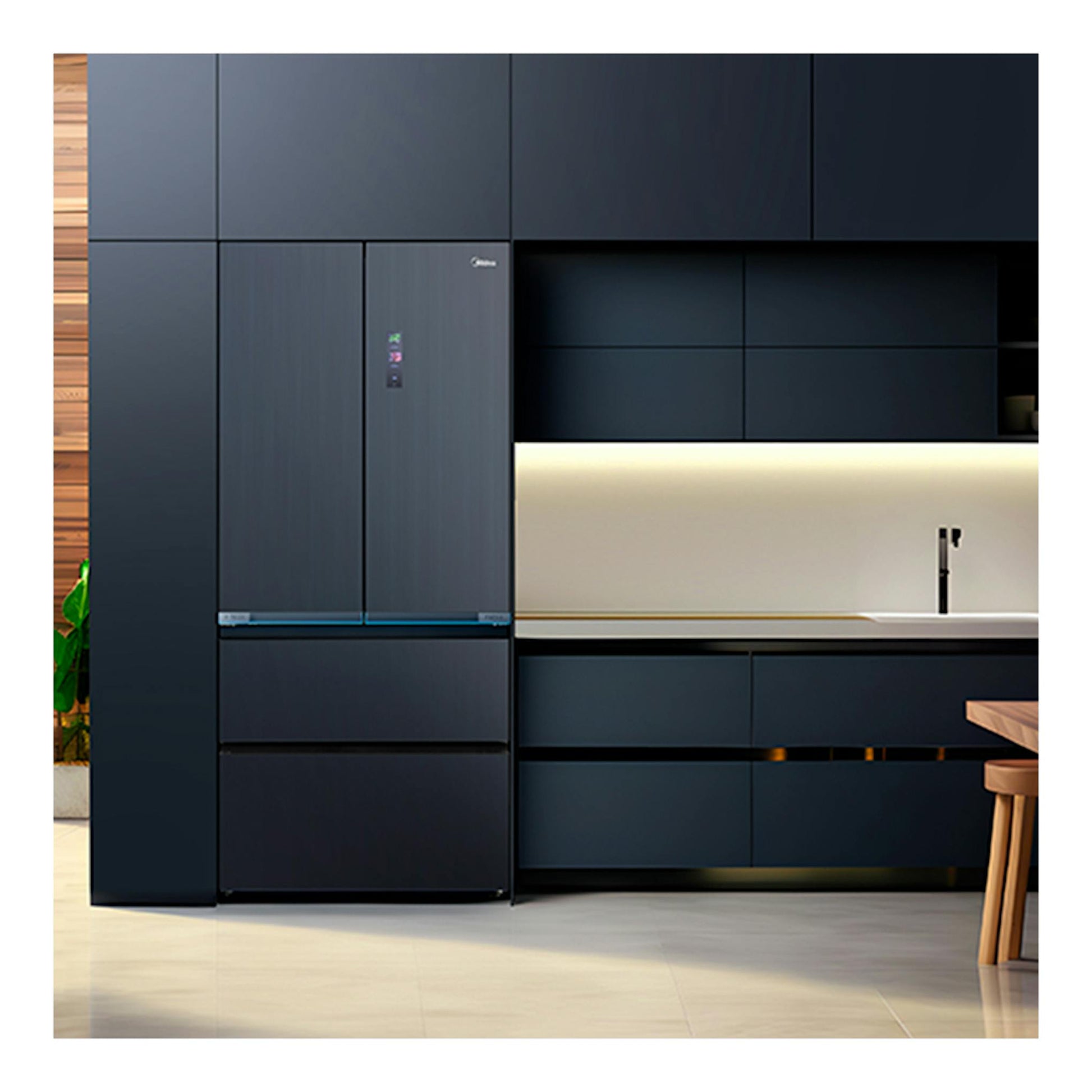 Frigorífico americano Midea MDRF705BIE70 inox, vista frontal, integrado en una cocina oscura.