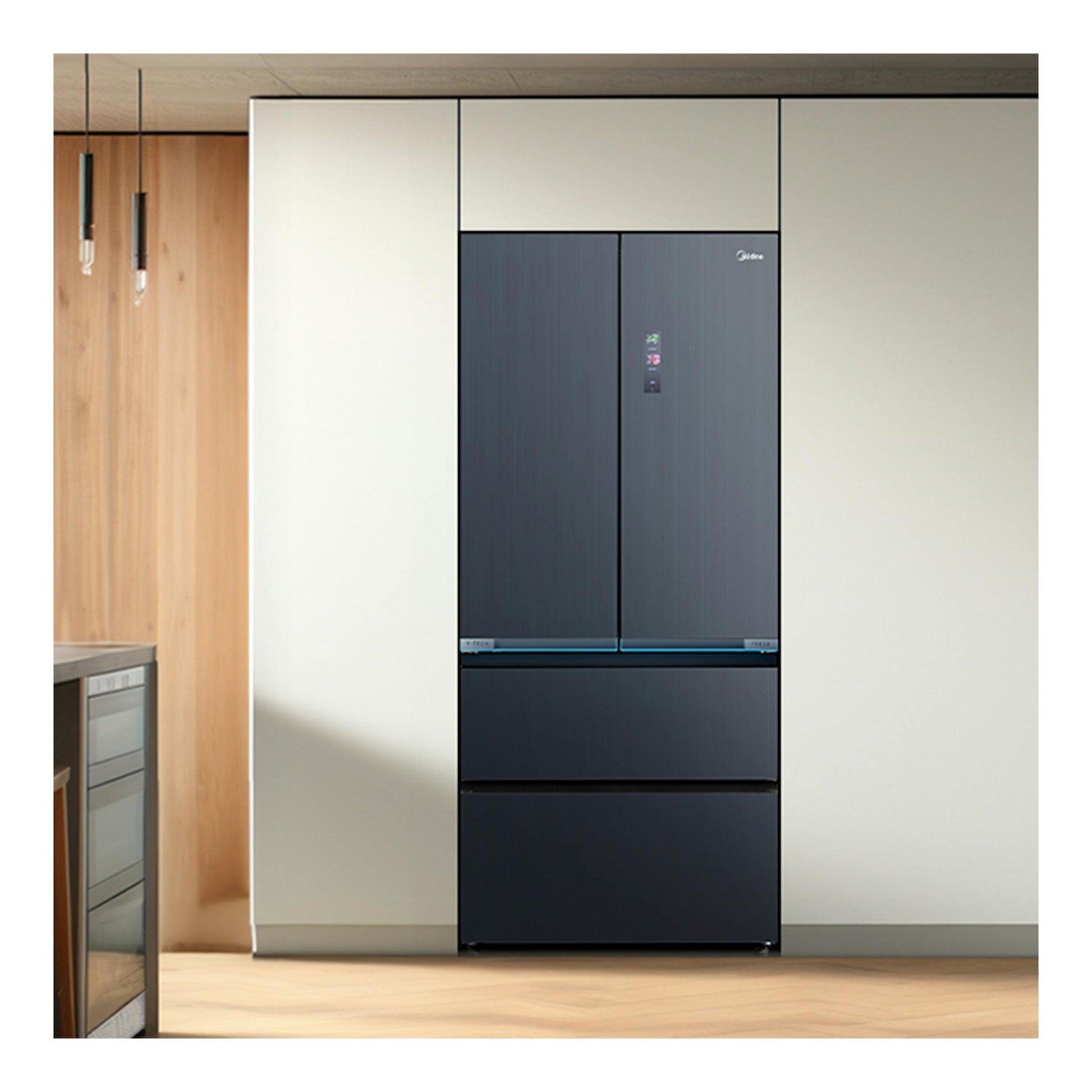 Frigorífico americano Midea MDRF705BIE70, vista frontal, acabado inox oscuro, en cocina moderna.