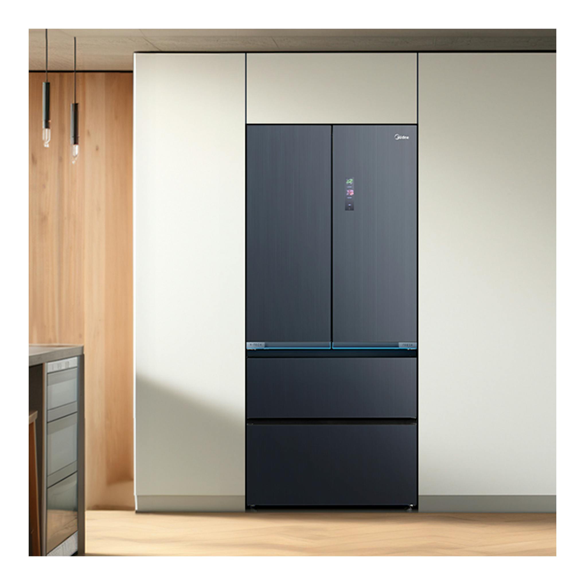 Frigorífico americano Midea MDRF705BIE70, vista frontal, acabado inox oscuro, en cocina moderna.