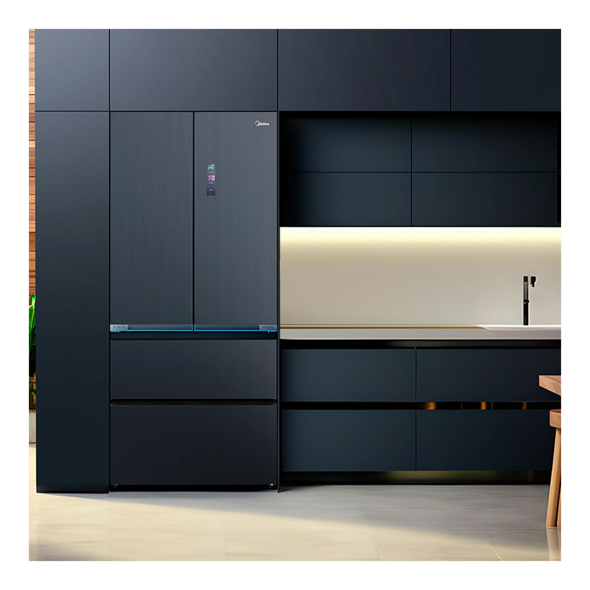 Frigorífico americano Midea MDRF705BIE70, vista frontal, negro mate, con dispensador y cajones.