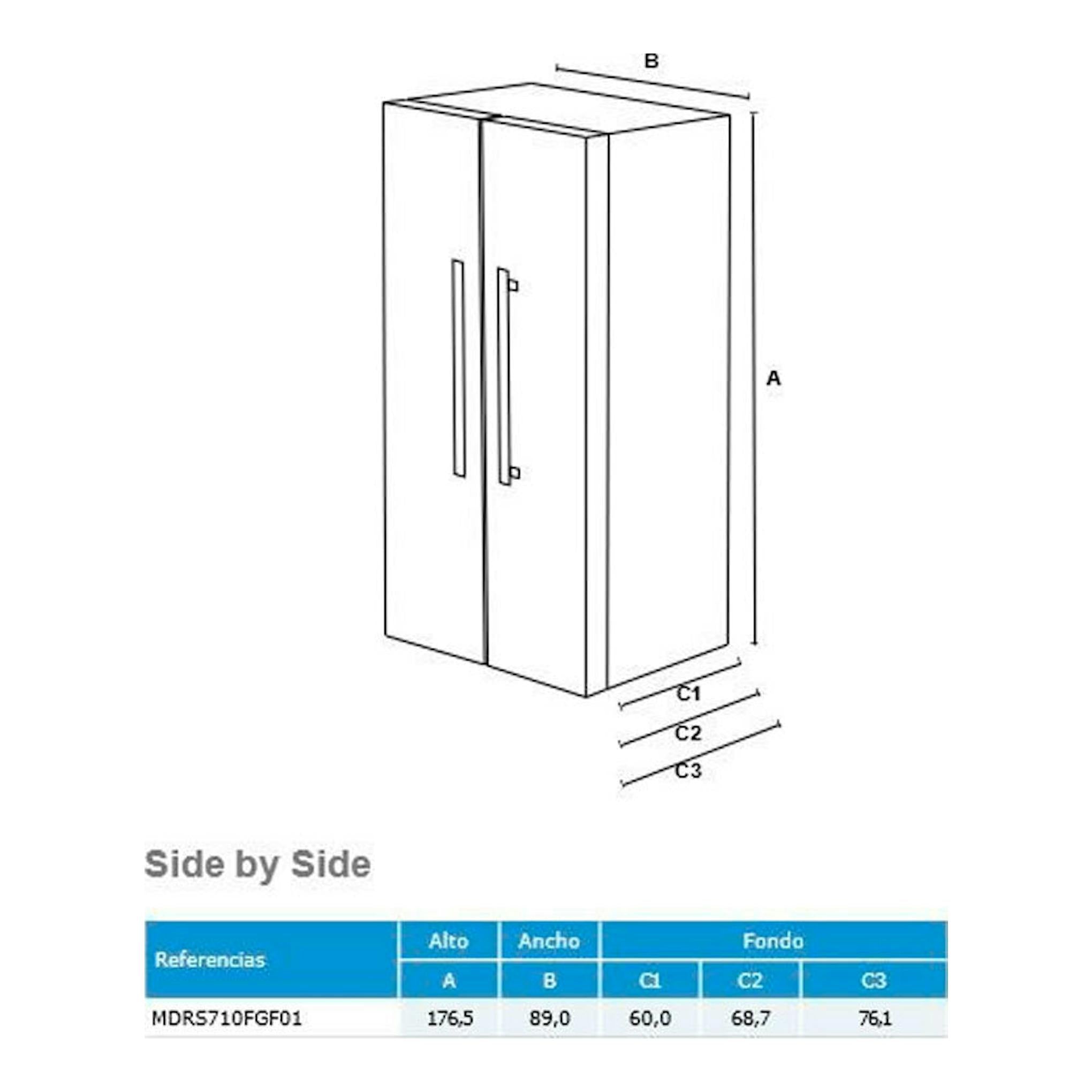 Frigorífico americano Midea MDRS710FGF01 blanco, vista isométrica con medidas de alto, ancho y fondo.